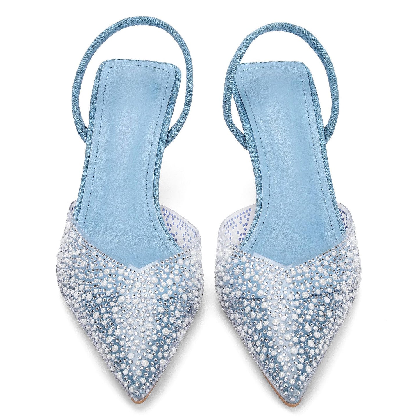 Women's Sparkly Rhinestone Slip On Clear Slingback Kitten Heels with Pearl Studded Pointed Toe