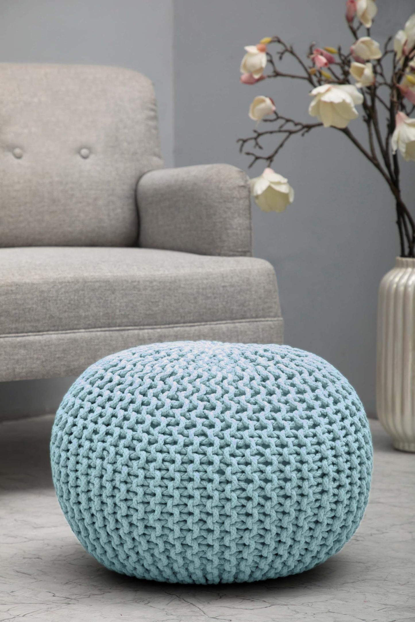 Hand-Knitted Cotton Round Pouf – Braid Cord Ottoman, Footrest, and Accent Seat for Living Room, Nursery, Kids Room, or Dorm Décor – 20x14