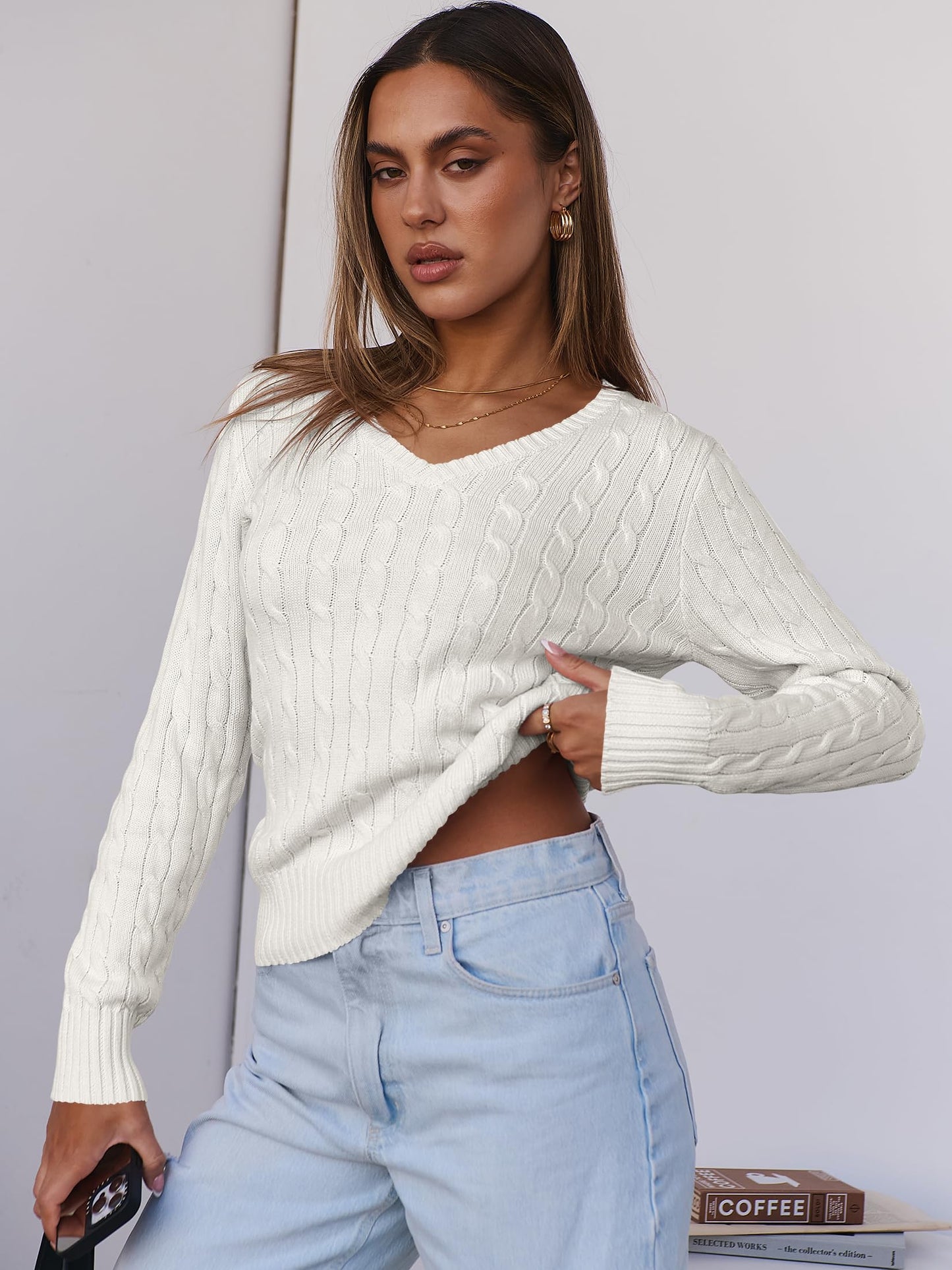 Women's Long Sleeve V Neck Cable Knit Sweater Jumper