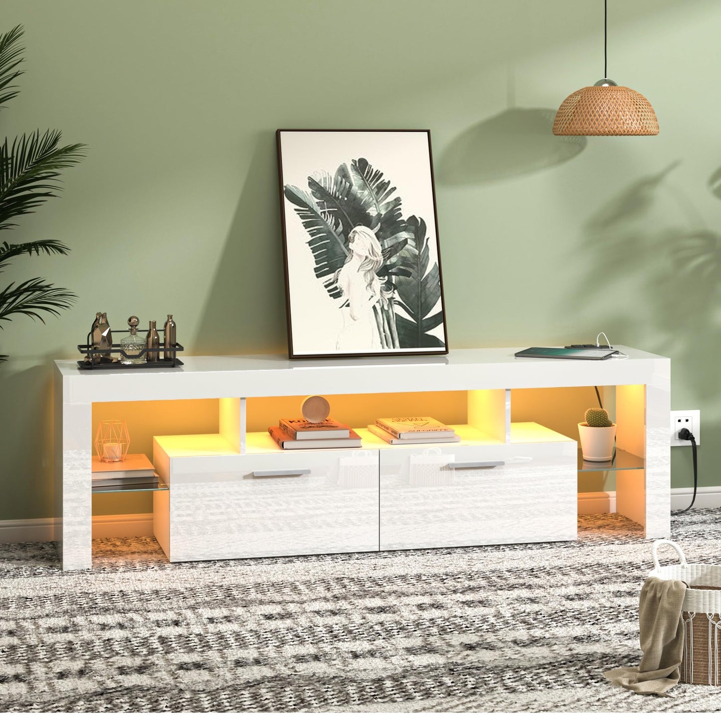 LED TV Stand with Large Storage Drawer -  Modern High Gloss TV Console Table with Entertainment Center