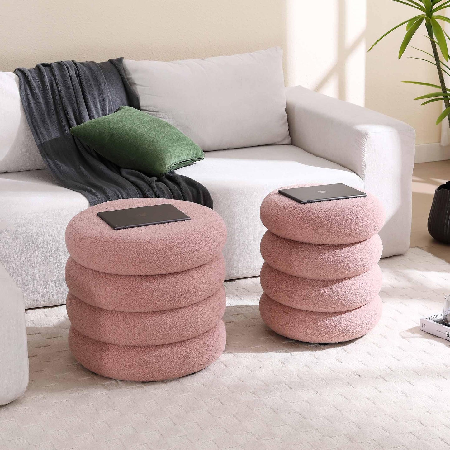 Flouki Storage Ottoman Round, Ottoman with Storage, Sherpa Ottoman Storage, (18 Inches x 16 Inches) Set of 2