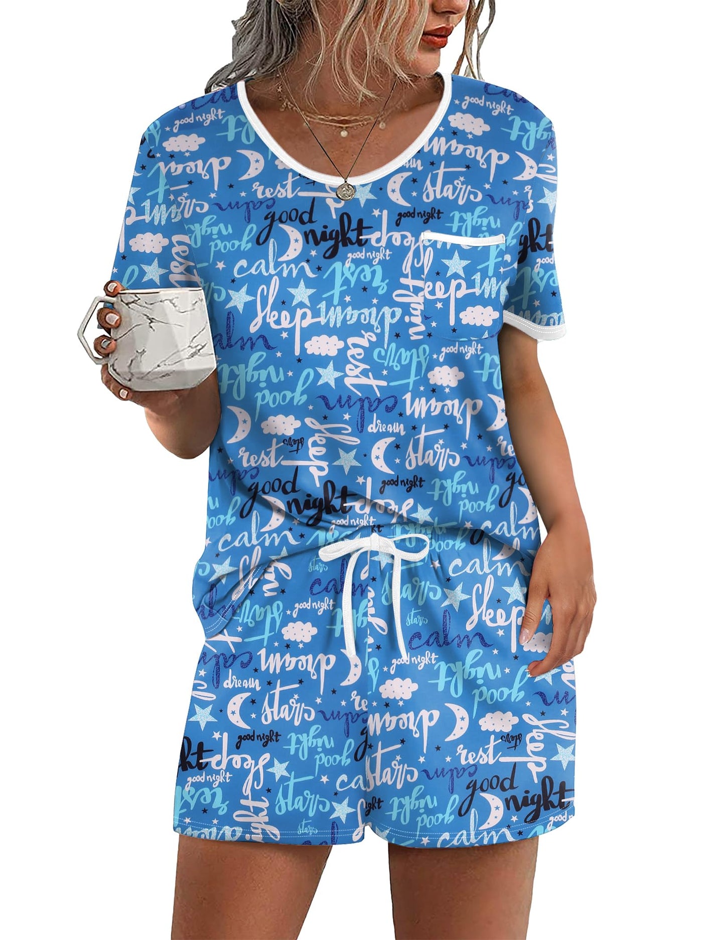 Pajama Set for 2 Piece Lounge Set Short Sleeve Tops and Shorts Soft Sleepwear, Chest Pocket