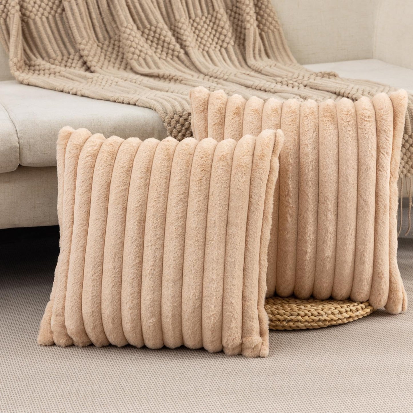 Set of 2 Fluffy Faux Fur Striped Pillow Covers – Decorative Cushion Cases