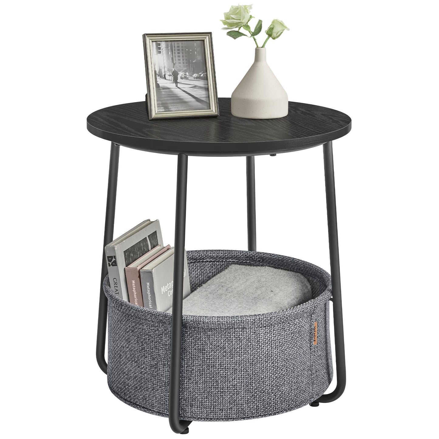 Small Bedside Table with Fabric Basket, Modern Nightstand, Round Side Table