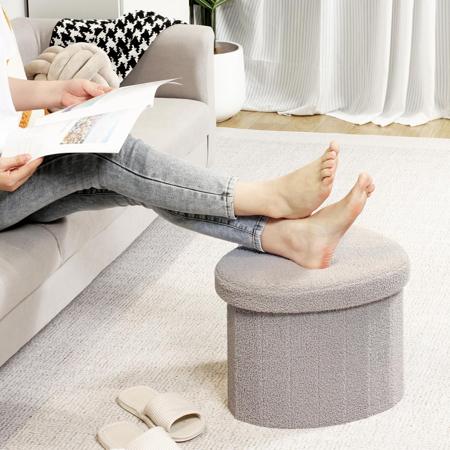 Flower-Shaped Storage Ottoman – Boucle Footstool & Seat for Living Room & Dorm