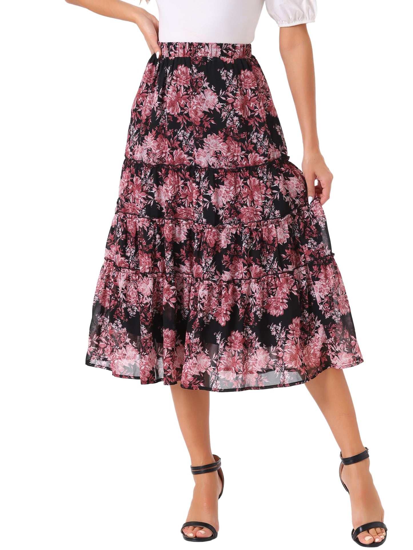 K Women's Floral Skirt Chiffon A-line Long Tiered Ruffle Boho