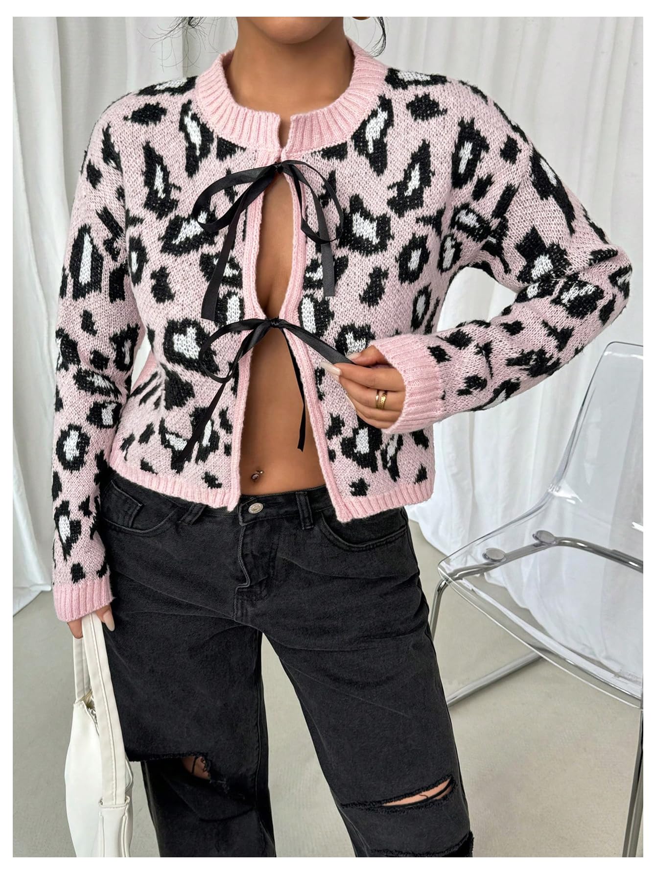 Women's Leopard Pattern Knot Front Cardigan Long Sleeve Round Neck Sweater