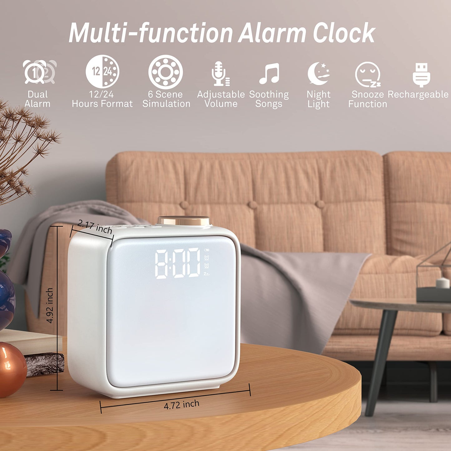 Rechargeable Alarm Clock with Night Light – Features Dual Alarms, Snooze Function, 6 Scene Simulations, and White Noise Sync