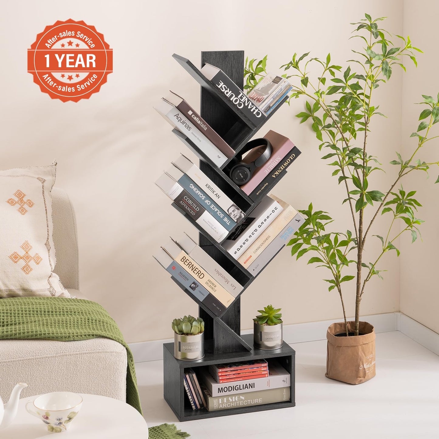 Tree Bookshelf - 6 Shelf Retro Floor Standing Bookcase, Tall Wood Book Storage Rack