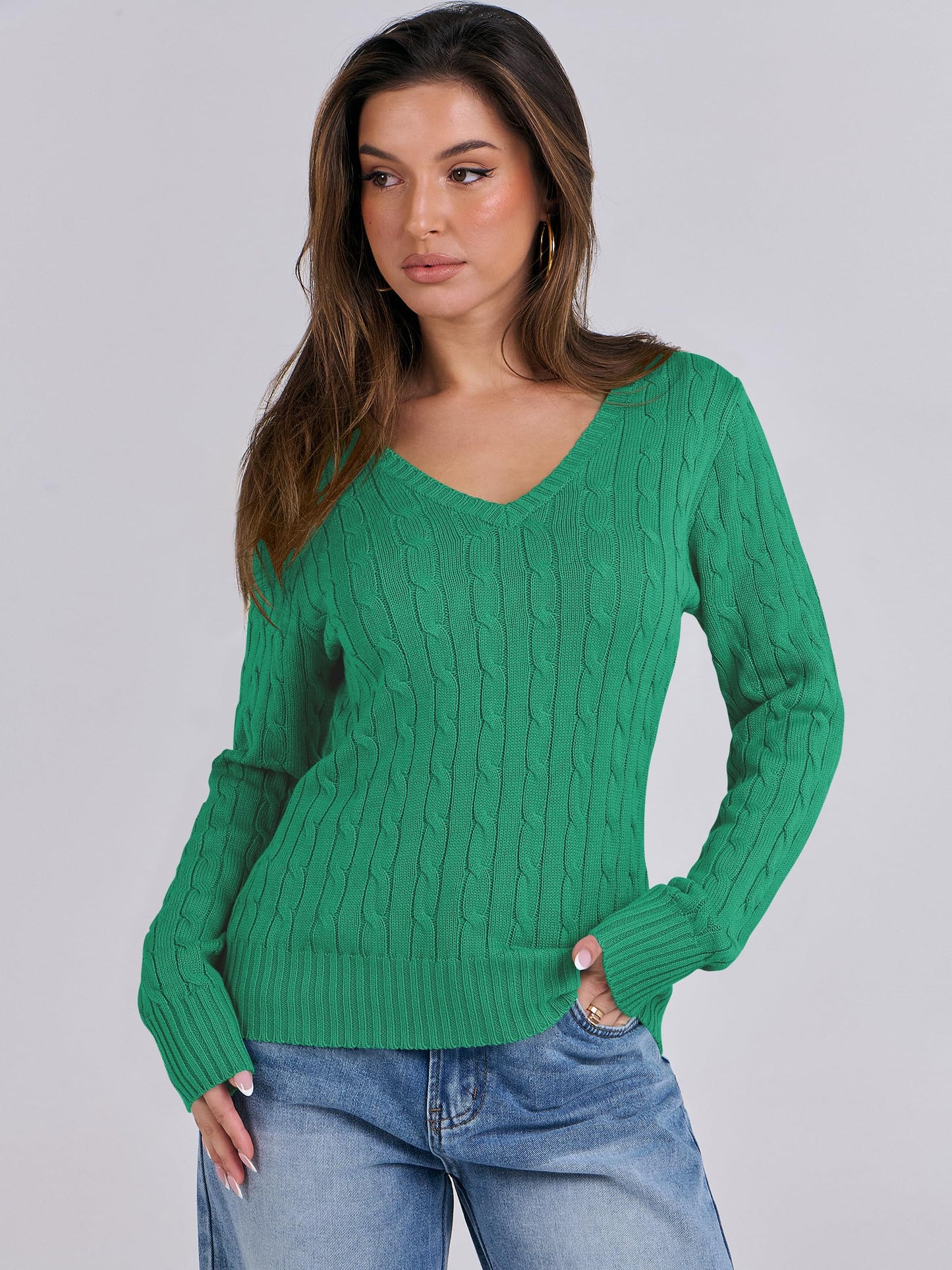 Women's Long Sleeve V Neck Cable Knit Sweater Jumper