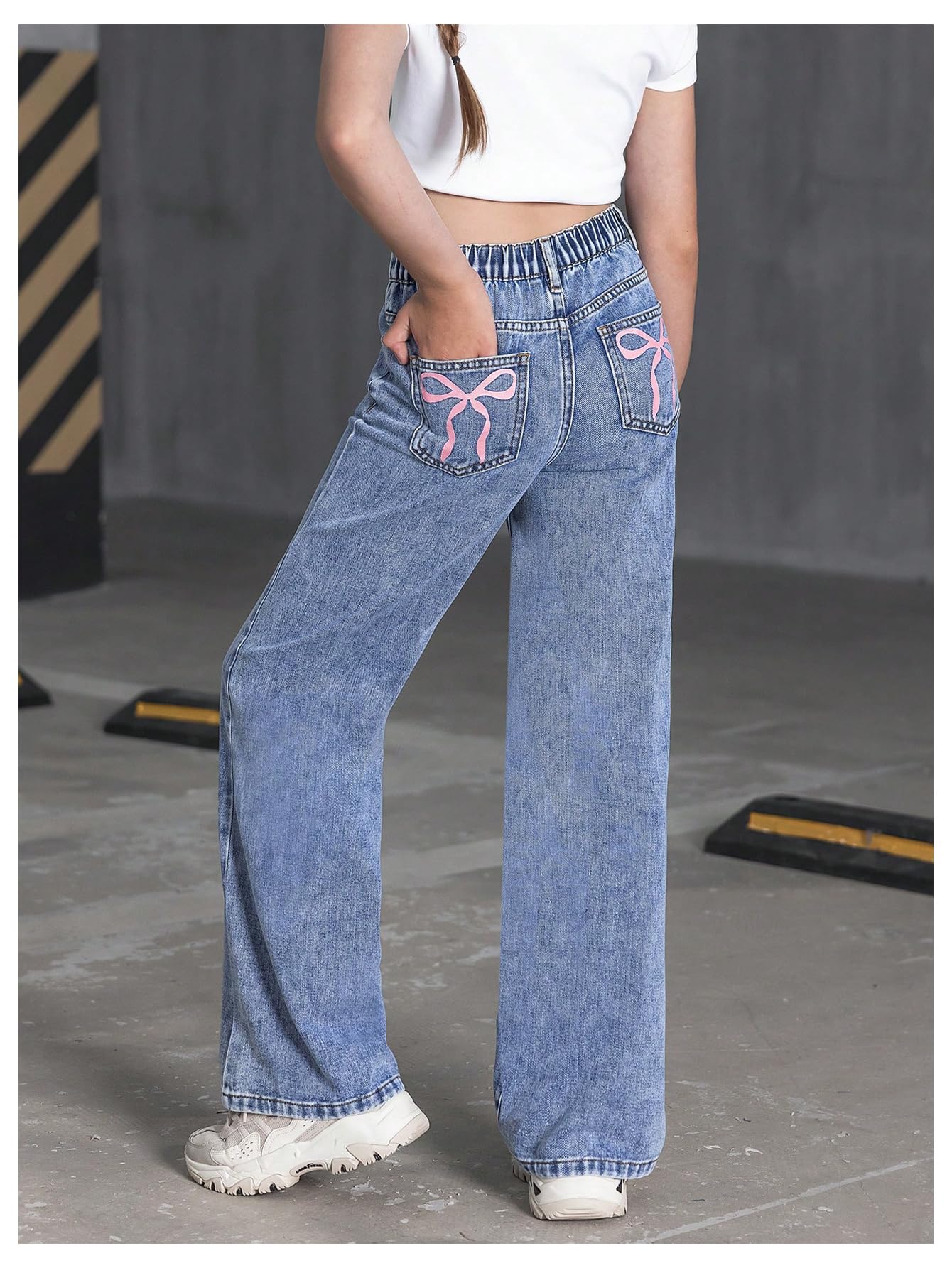 Girl's Bow Print Back Zipper Fly Elastic High Waist Denim Pants Basic Wide Leg Jeans