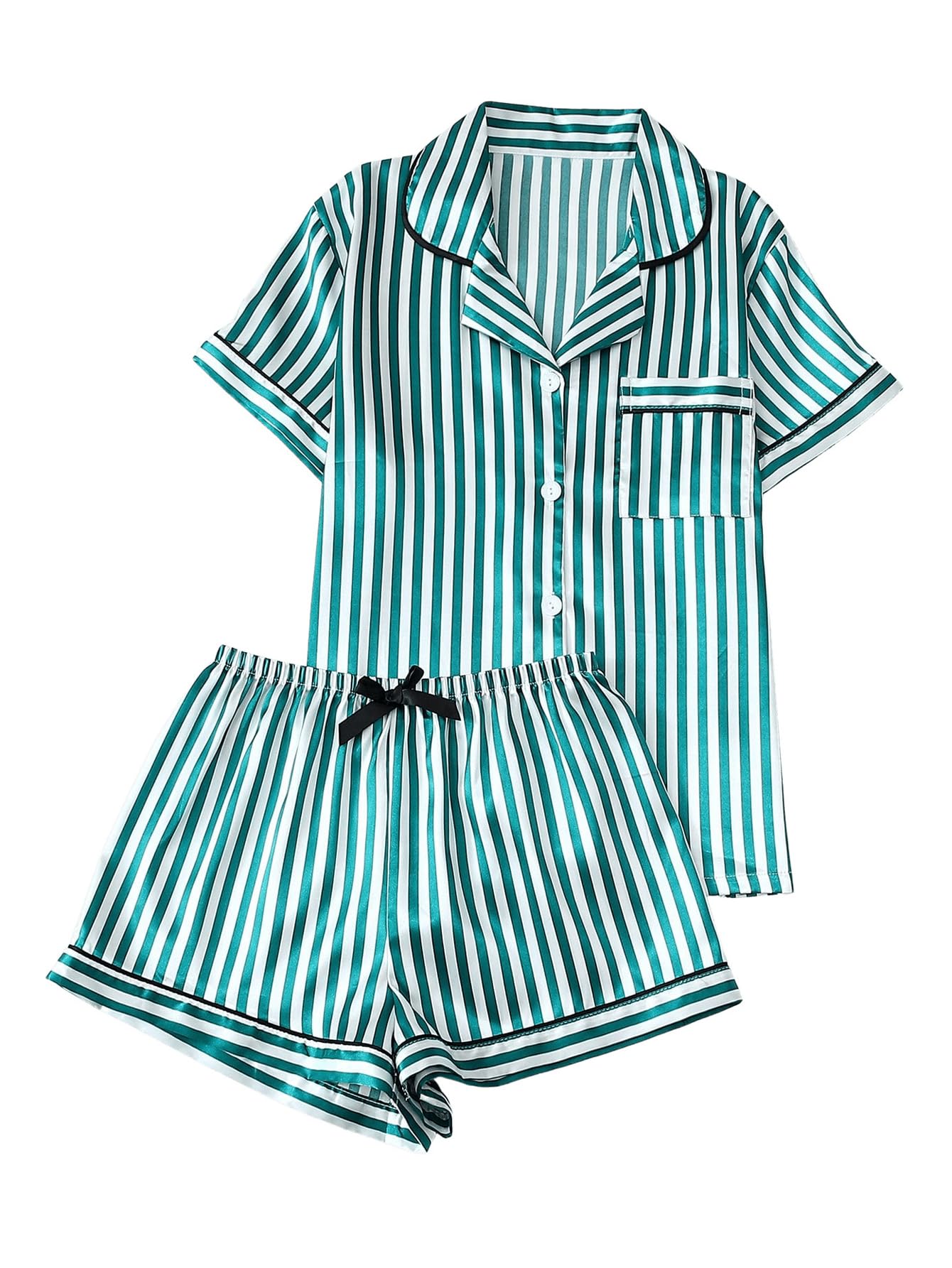 Coquette Bow Tie Women's 2 Piece Satin Striped Pajama Set Short Sleeve Button Down Top and Shorts Sleepwear