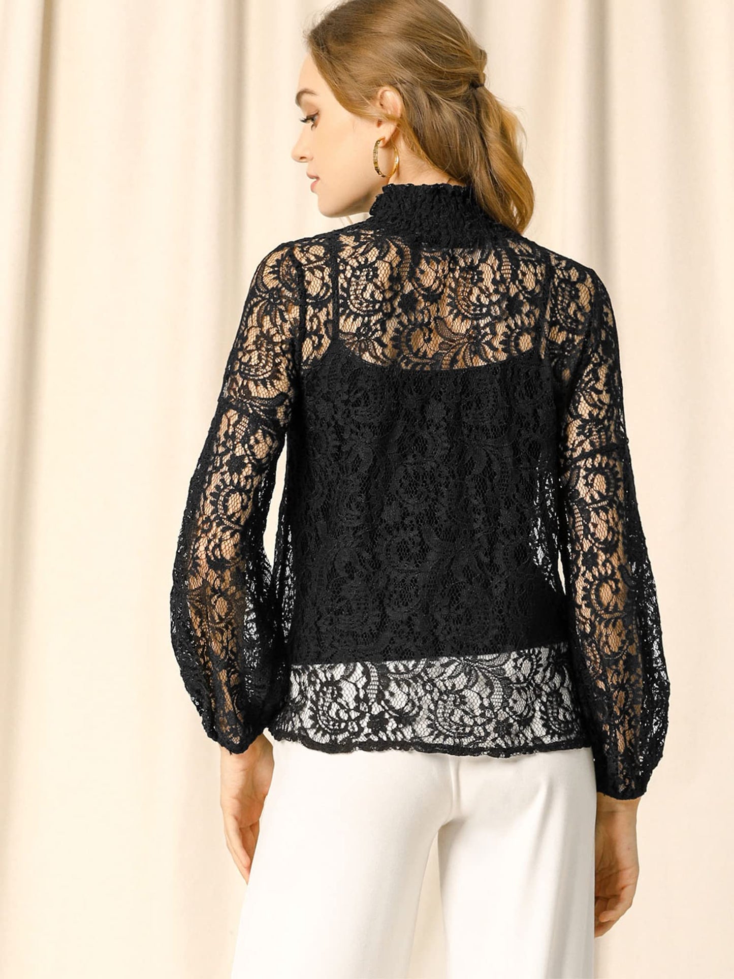 Floral Lace Top Turtleneck Puff Long Sleeve See Through Sheer Blouse