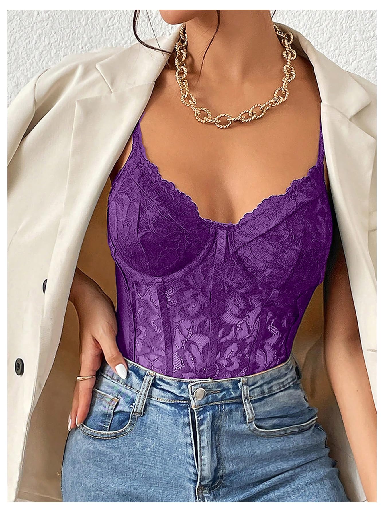 Sexy Floral Lace Sheer Mesh Corset Bodysuit Spaghetti Strap Cami Tops