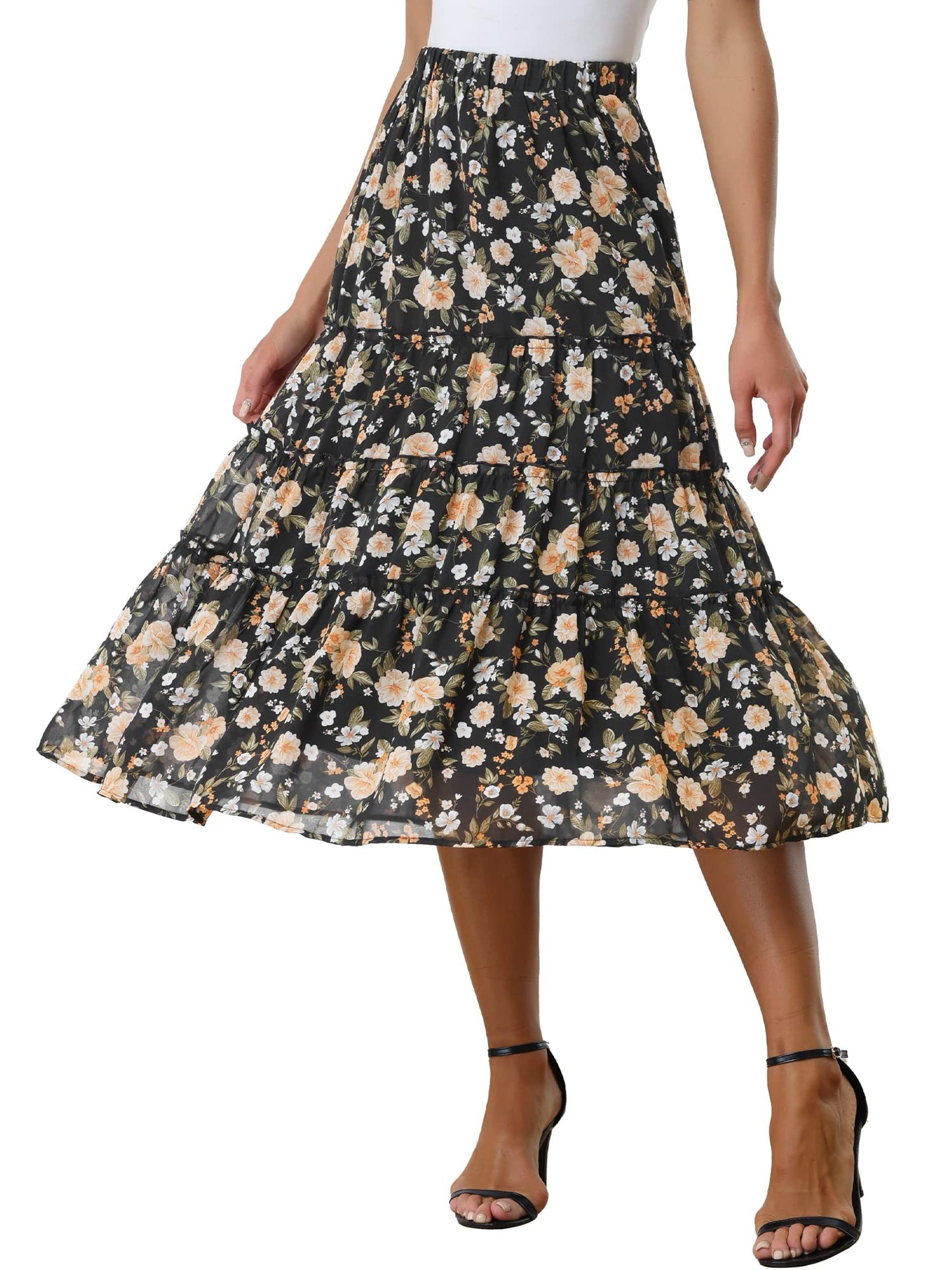 K Women's Floral Skirt Chiffon A-line Long Tiered Ruffle Boho