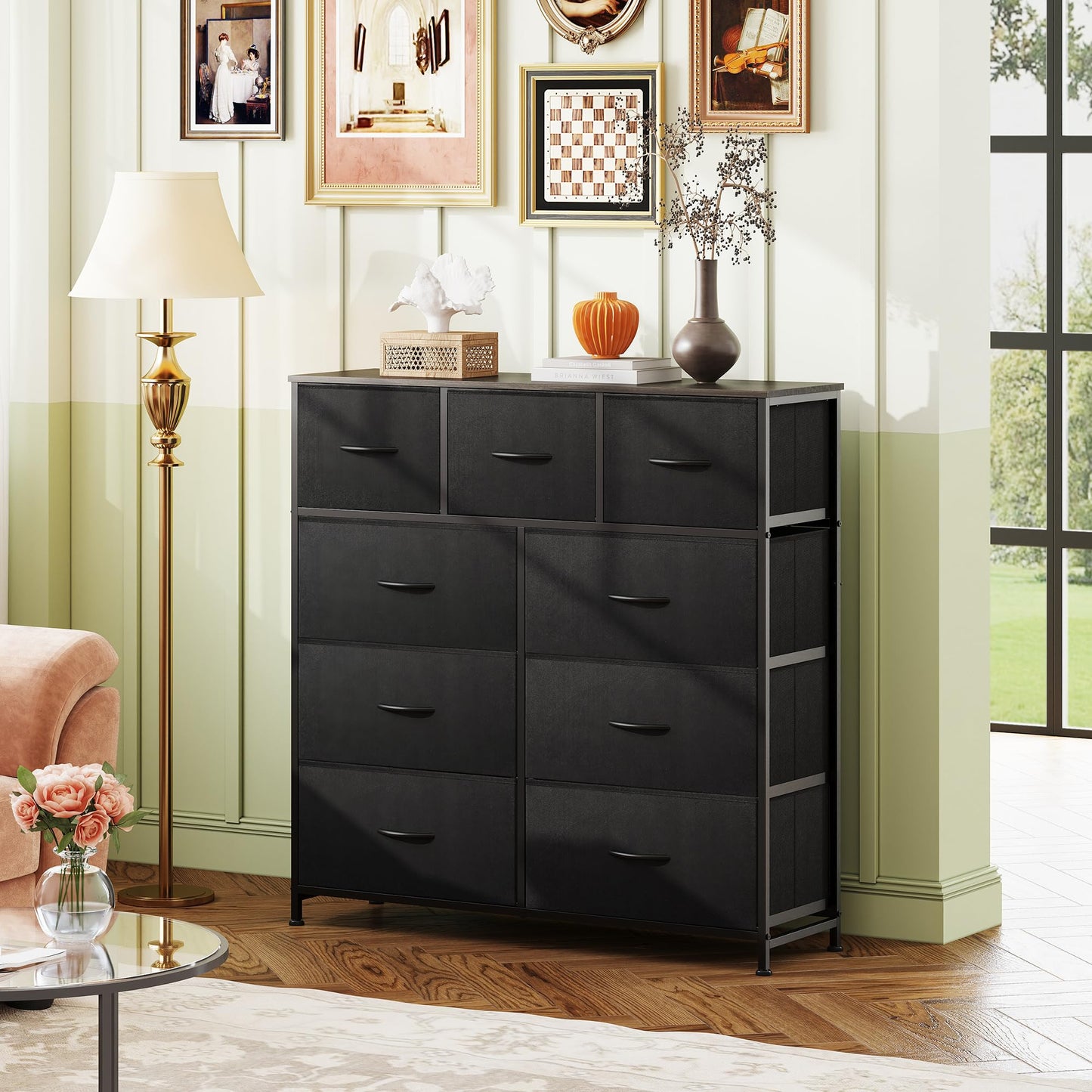 Drawer Fabric 9 Dresser – Tall Storage Tower with Bins, Steel Frame, and Wood Top