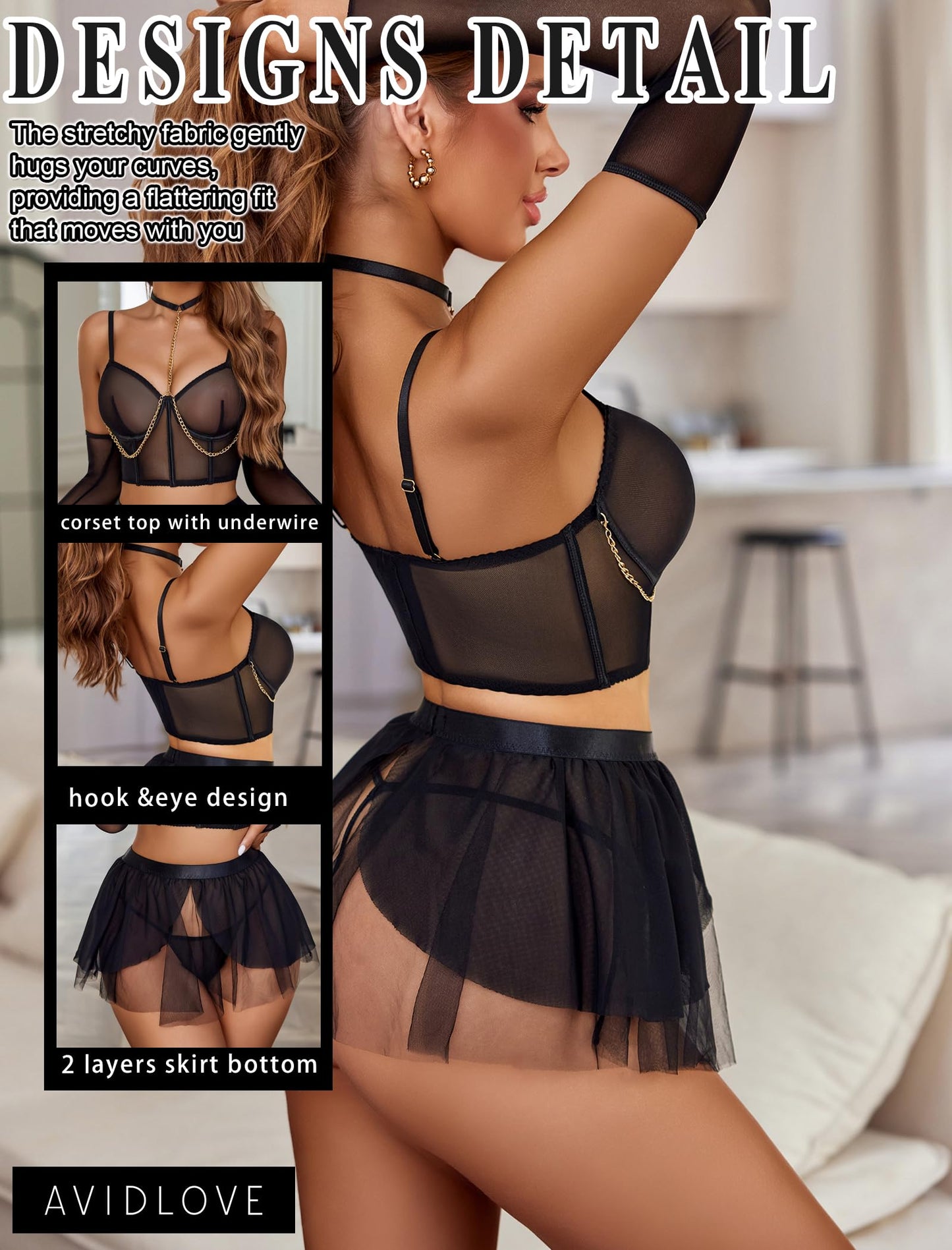 Sexy Lingerie Sets Chain Linked Lingerie Set with Underwire Bond Corset Skirt Lingerie & Arm Sleeves & Thong