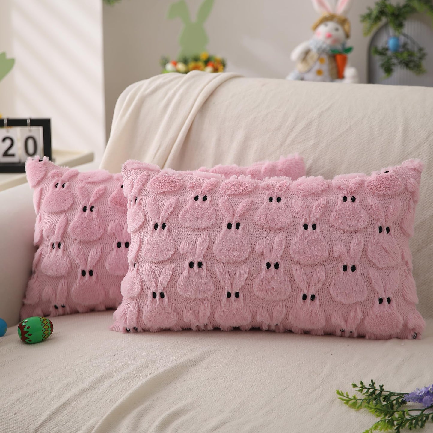 Easter Bunny Pillow Covers | Set of 2 Easter Soft Plush Faux Fur Jacquard Throw Pillows