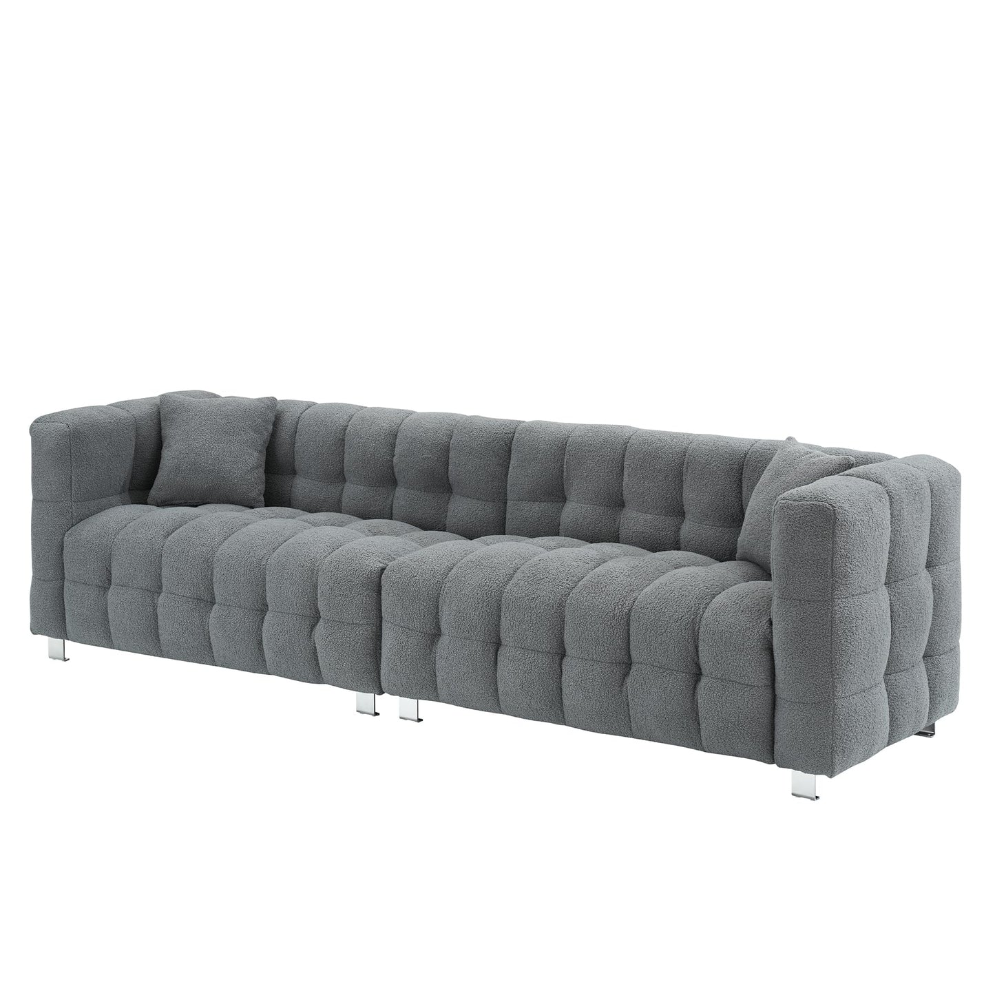 Modern Sofa Couch with Metal Legs Upholstered Tufted 3 Seater Couch with 2 Pillows Decor