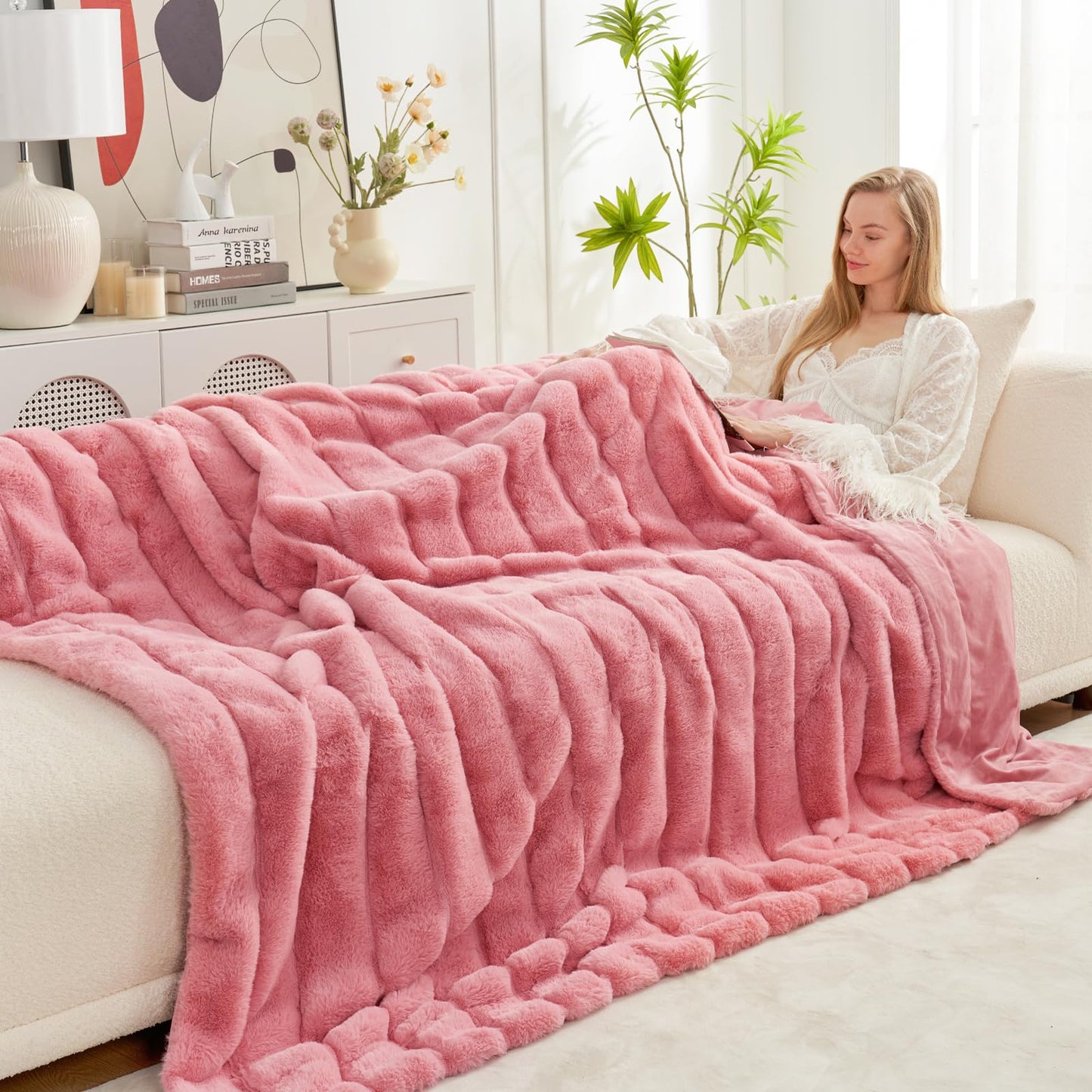 Cozy Bliss Faux Fur Throw Blanket Cozy Warm Plush Striped