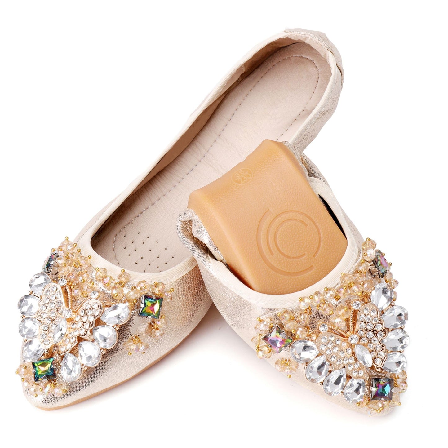 Womens Foldable Ballet Flats Bling Rhinestone Pointed Toe Comfort Slip On Loafers