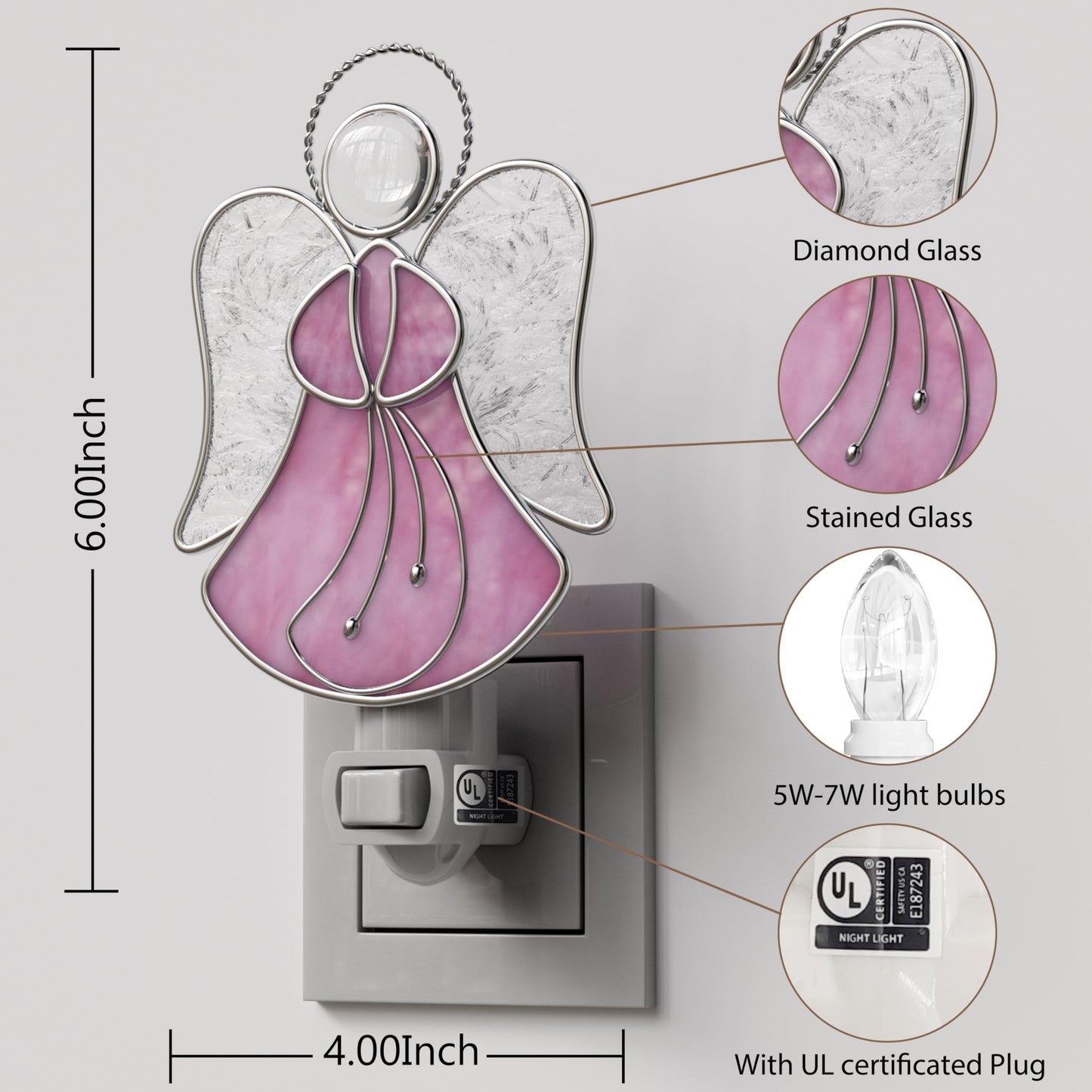 Stained Glass Pink Angel Plug in Night Light