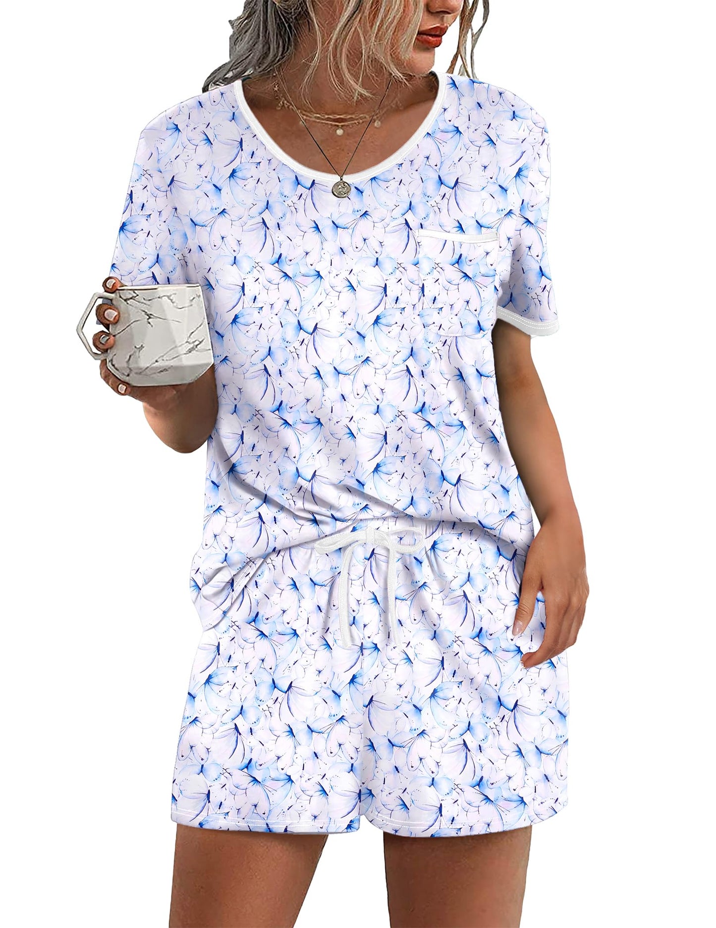 Pajama Set for 2 Piece Lounge Set Short Sleeve Tops and Shorts Soft Sleepwear, Chest Pocket