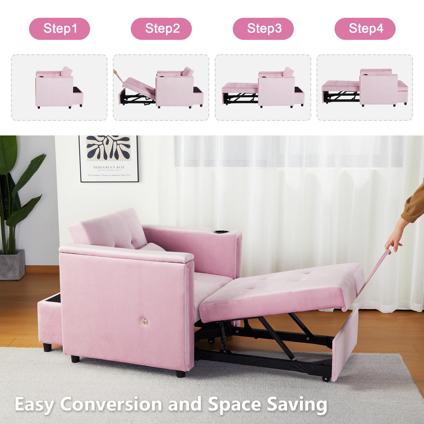 Pink Velvet Convertible Chair Bed, 3 in 1 Multi-Functional Lounge Chair Sleeper, Pull Out Couch Guest Bed with Hidden Table and Adjustable Backrest