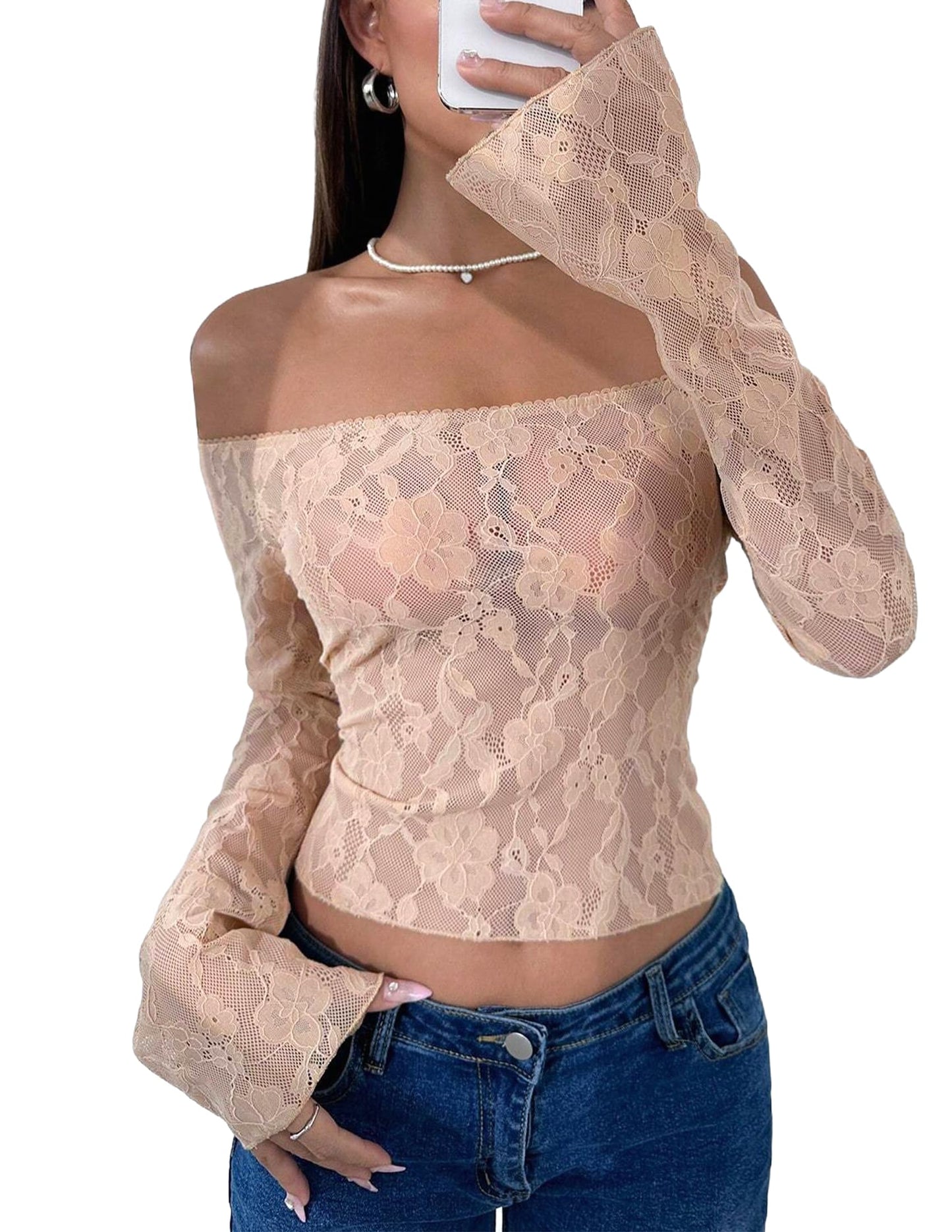 Lace Long Sleeve Y2k Off The Shoulder Tops Sexy Sheer Bell Tops