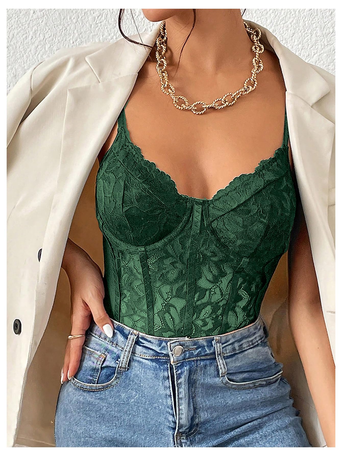 Sexy Floral Lace Sheer Mesh Corset Bodysuit Spaghetti Strap Cami Tops