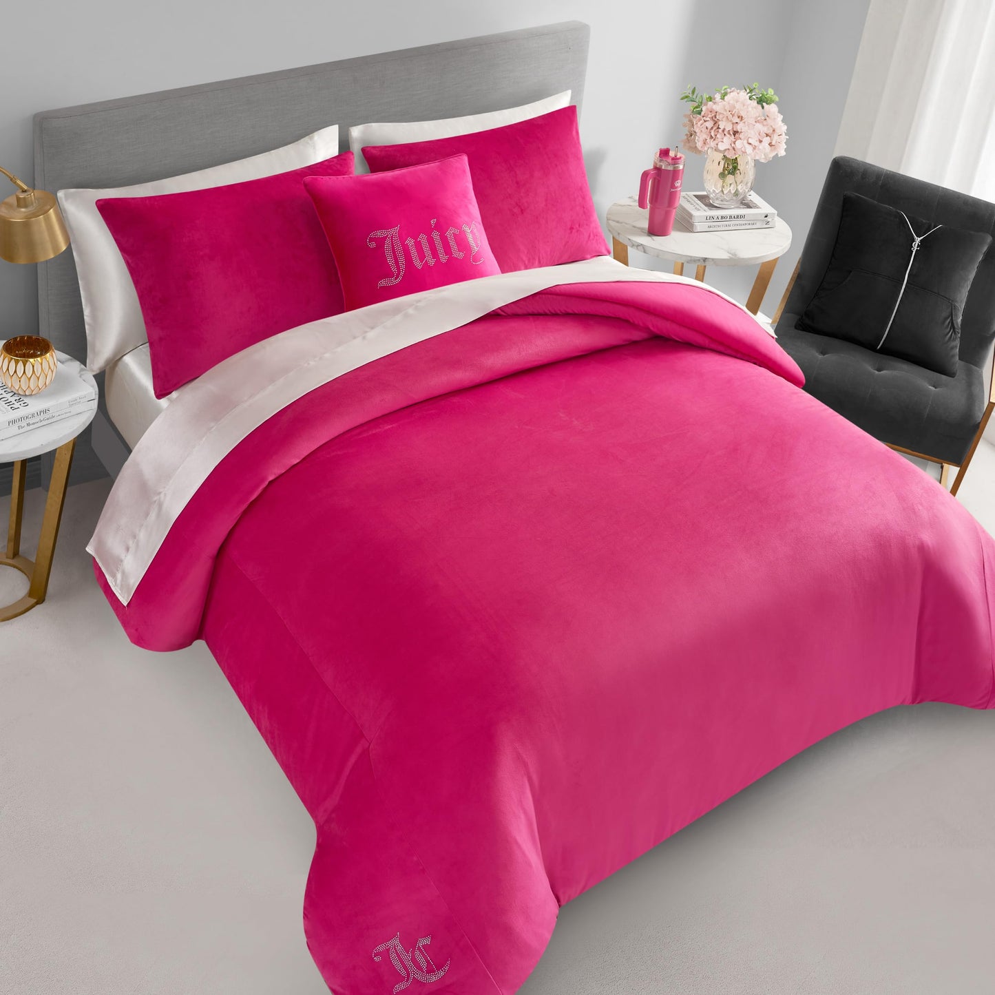 Juicy Couture Solid Velour 3-Piece King Comforter Set – Luxurious Bedding Ensemble