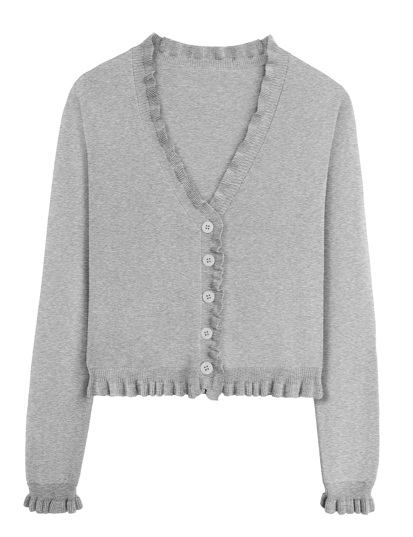 Lightweight Cardigan Sweater - Cropped Ruffle Long Sleeve Button Down Sweater