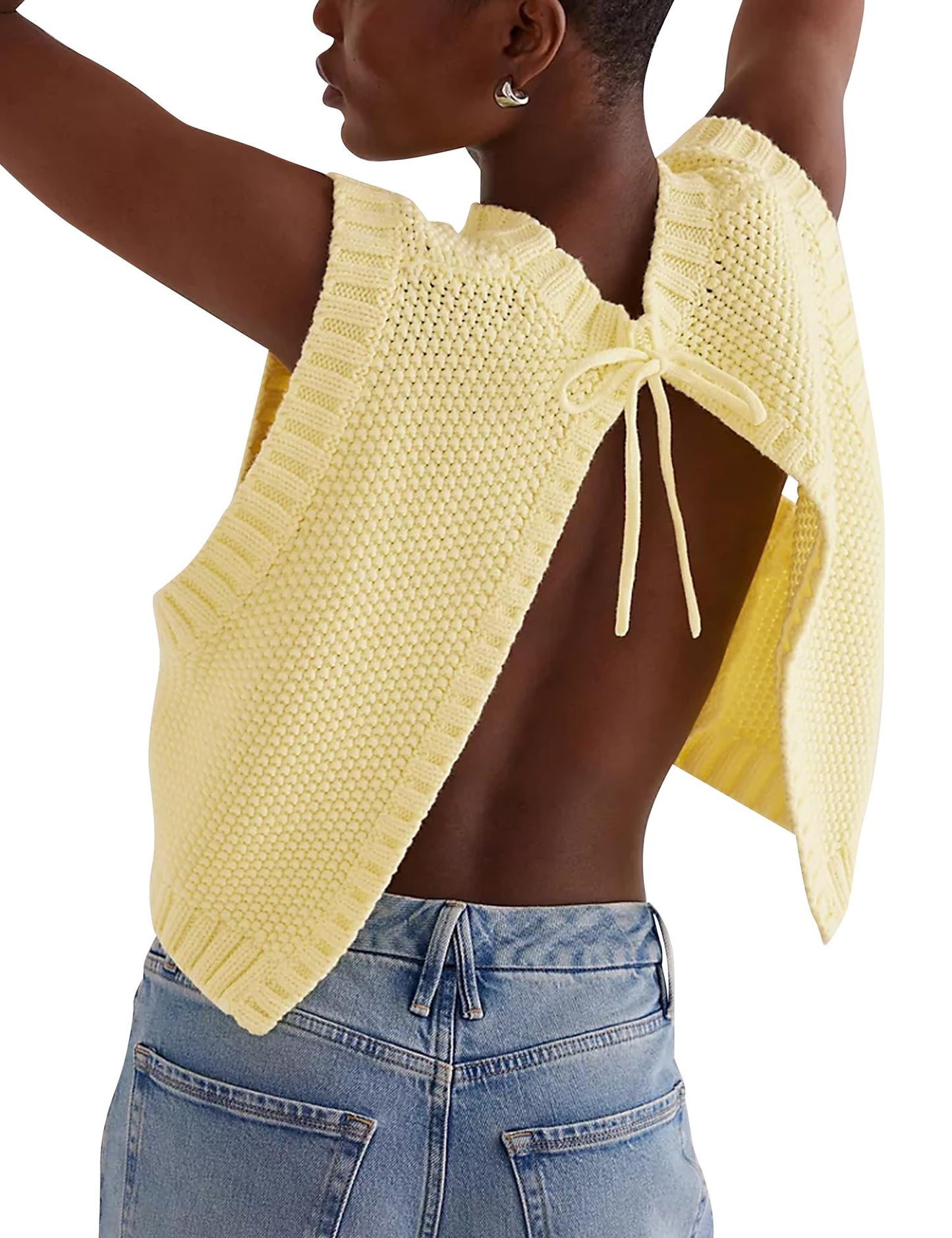 Y2K Backless Tie Up Knit Crop Sweater Vest Sleeveless Round Neck Split Open Back Pullover