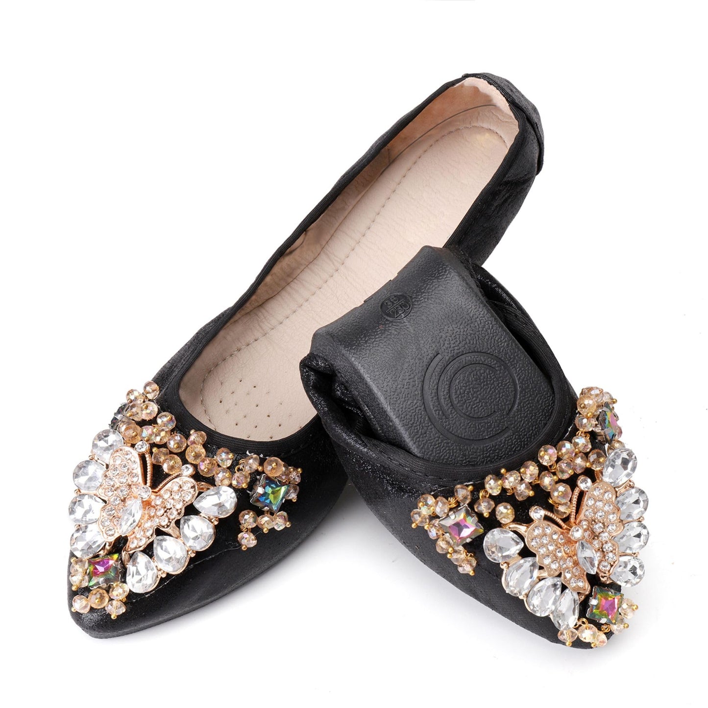 Womens Foldable Ballet Flats Bling Rhinestone Pointed Toe Comfort Slip On Loafers