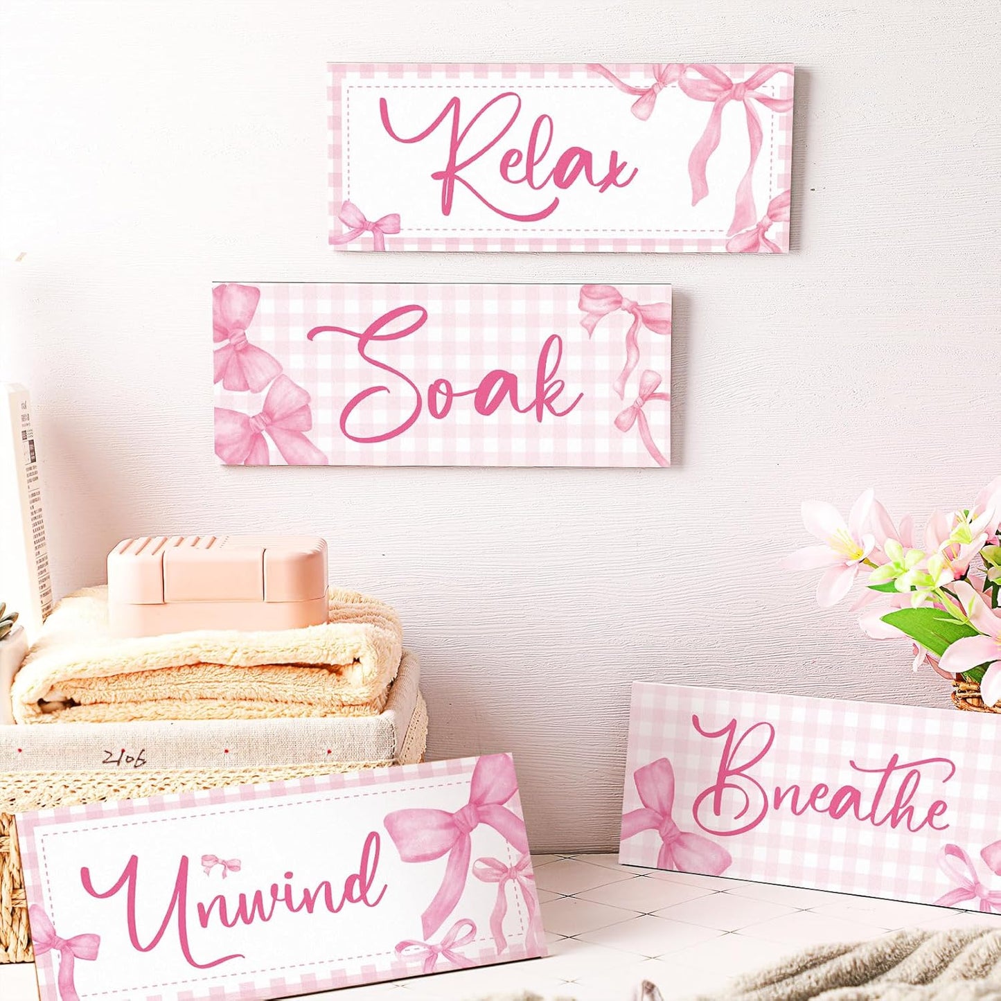 Coquette Pink Bow Bathroom Wall Decor 4 Pieces