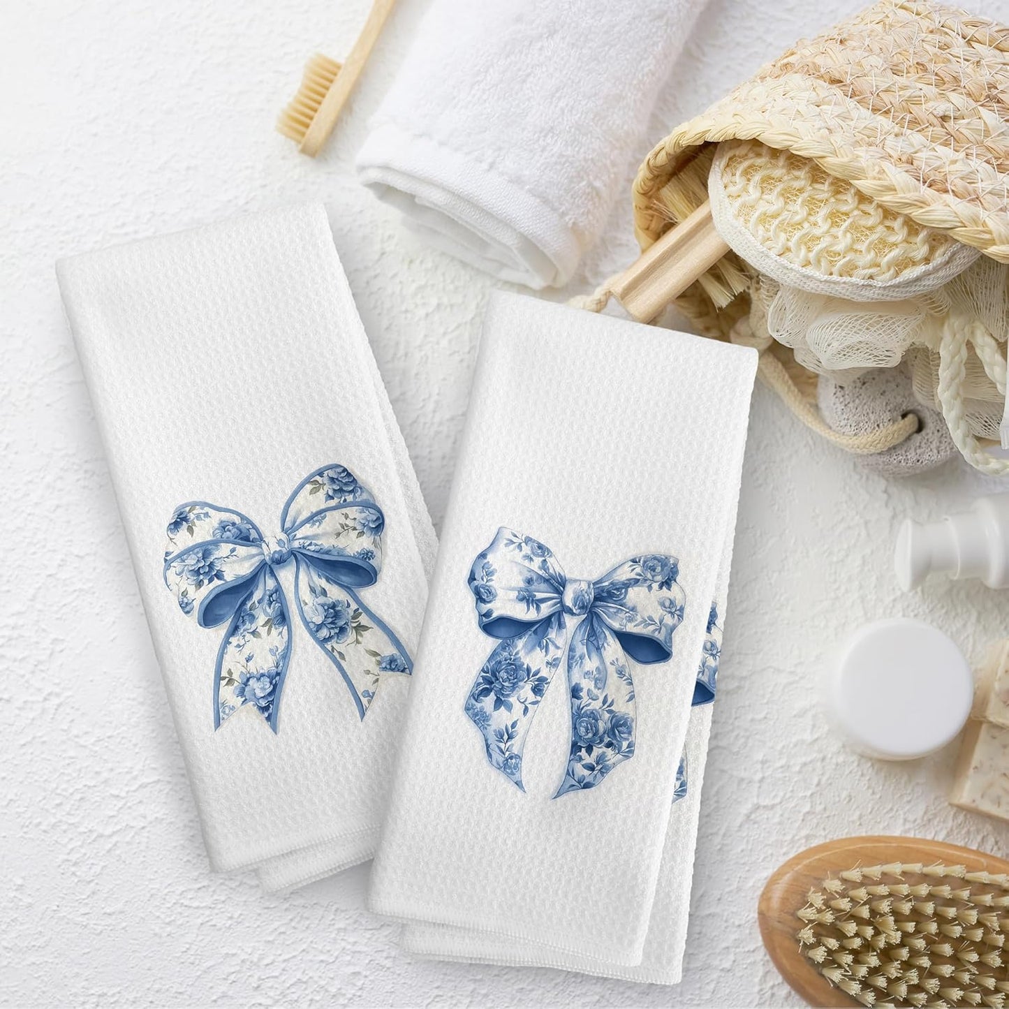 Coquette Room Decor, Blue and White Flower Floar Decorative Absorbent Dishcloths Tea Towels Set of 2