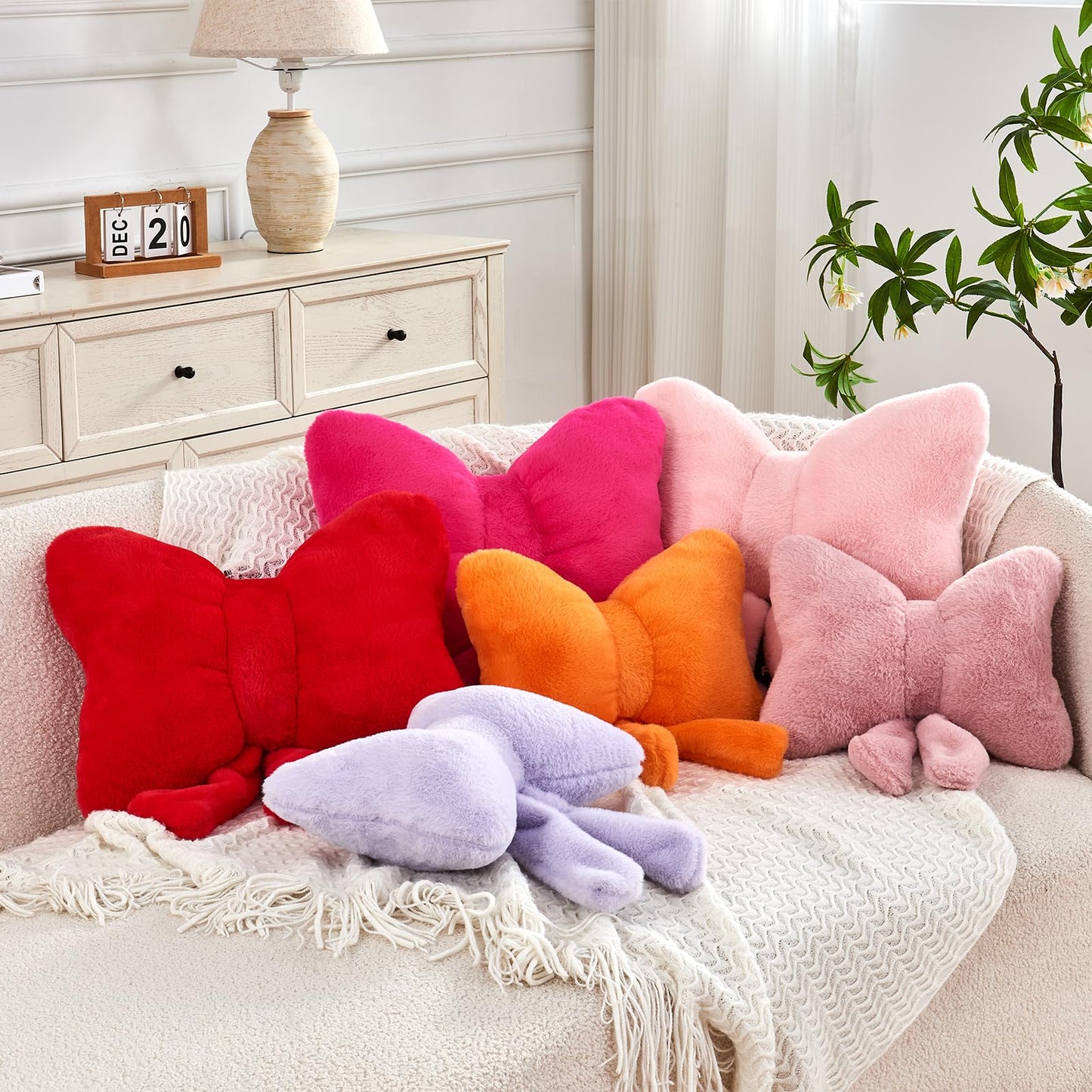 Bow Pillow, Soft Bow Decorative Pillows with Faux Rabbit Fur