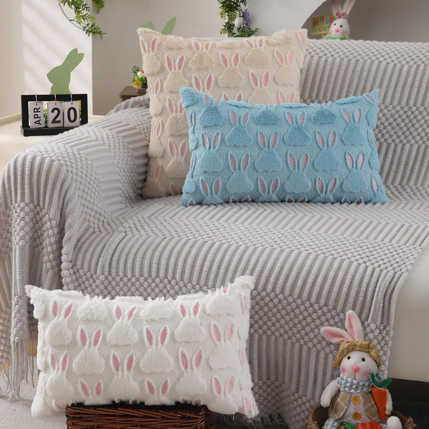 Easter Bunny Pillow Covers | Set of 2 Easter Soft Plush Faux Fur Jacquard Throw Pillows