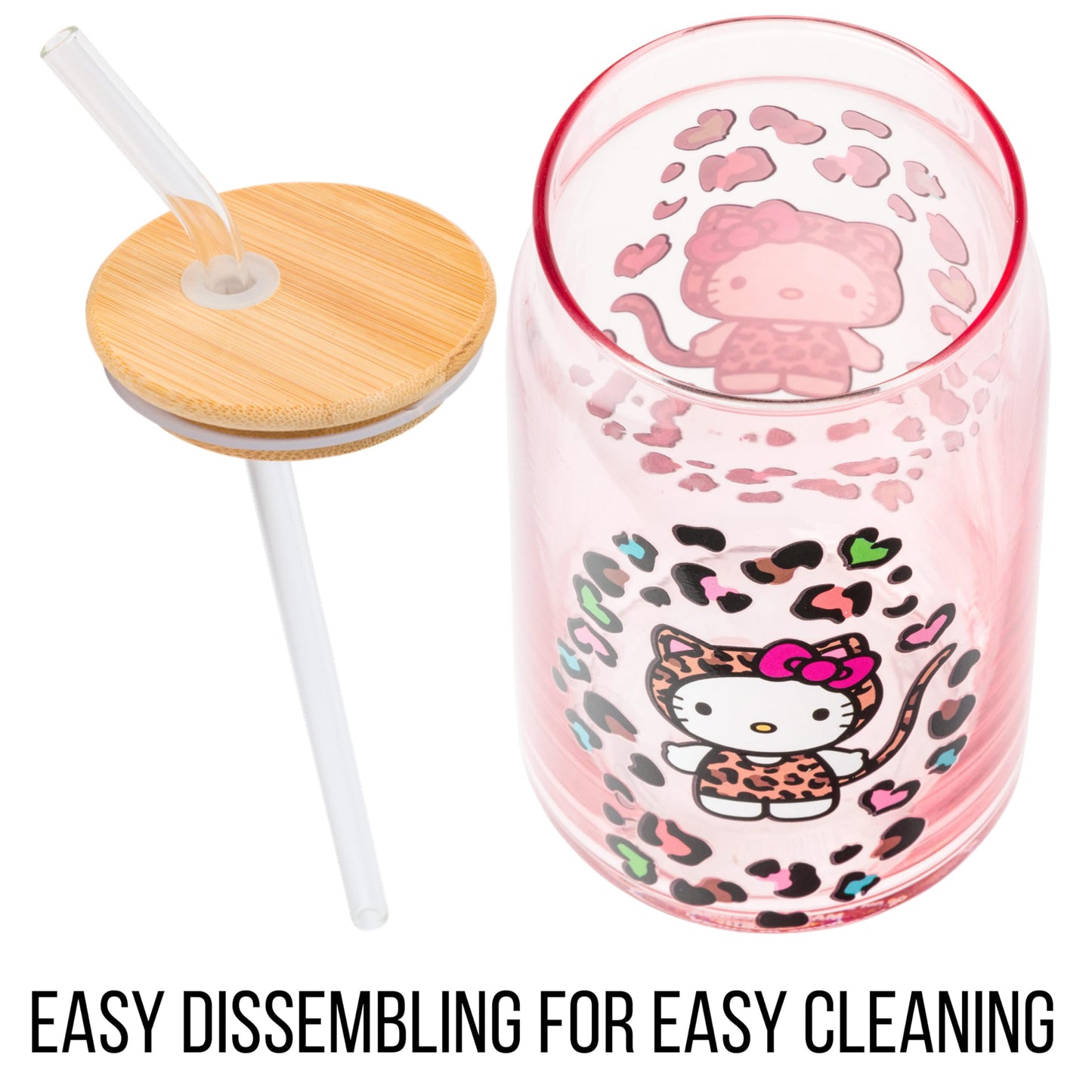 Sanrio Glass Jar Tumbler with Bamboo Lid and Glass Straw, 16 Ounces