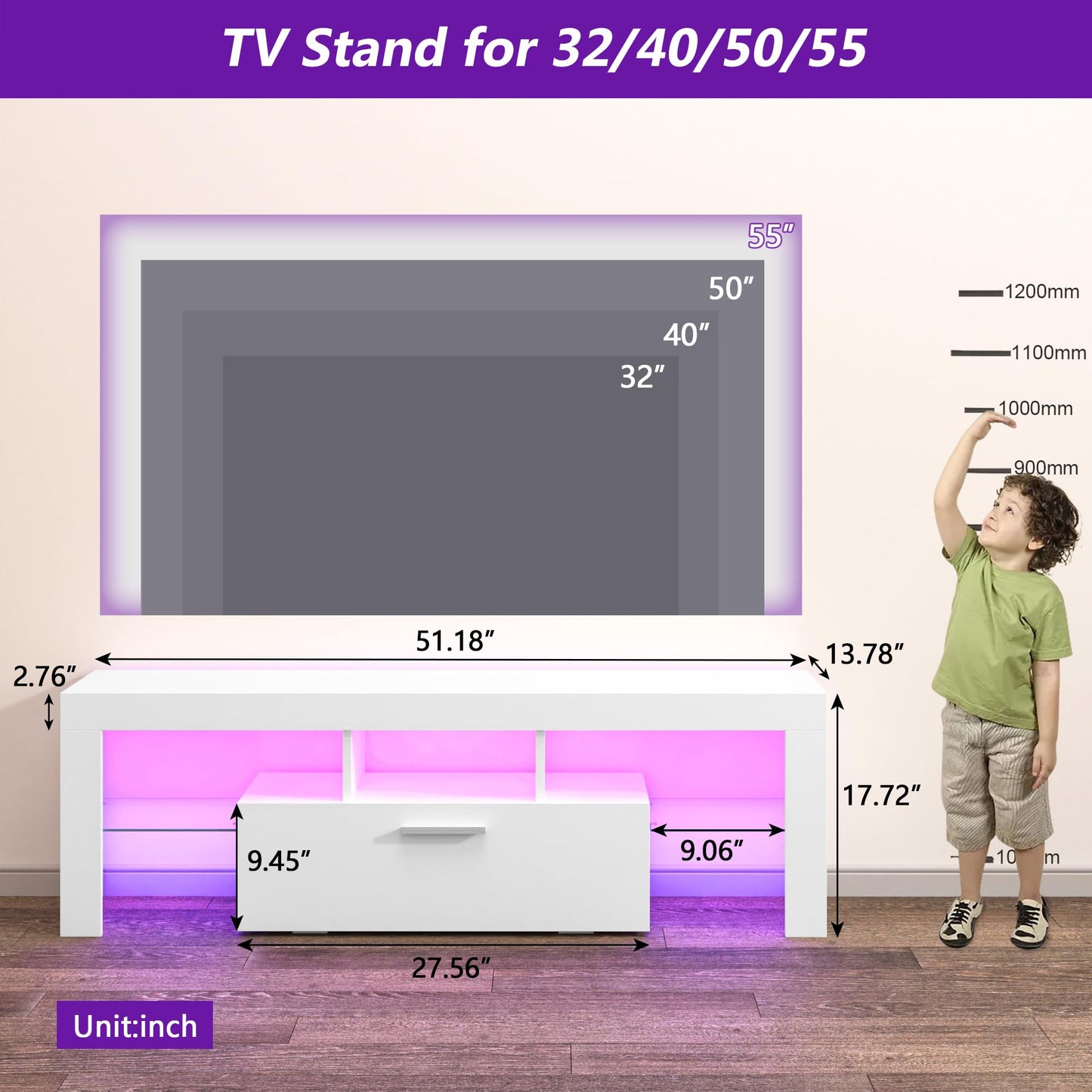 LED TV Stand with Large Storage Drawer -  Modern High Gloss TV Console Table with Entertainment Center