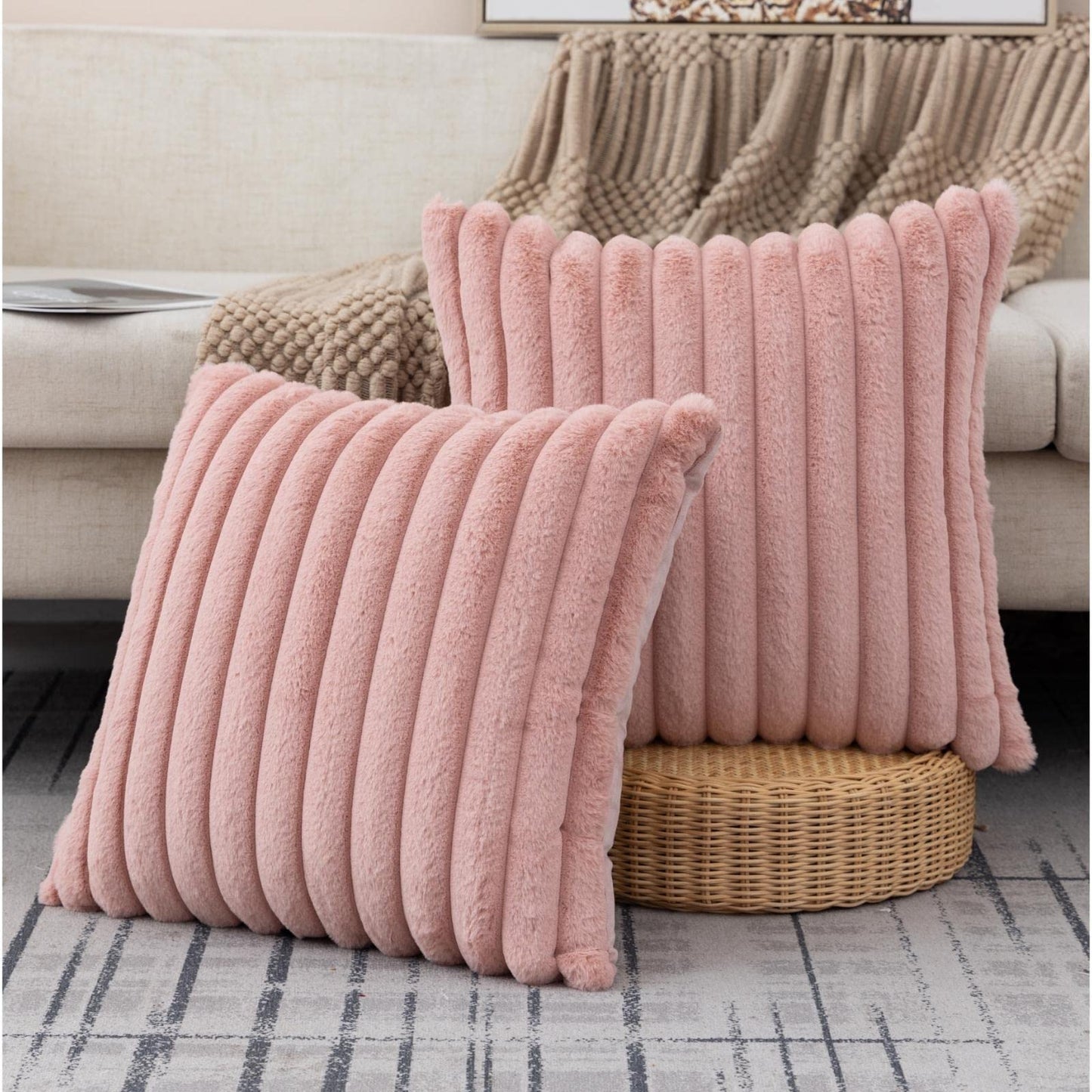 Set of 2 Fluffy Faux Fur Striped Pillow Covers – Decorative Cushion Cases