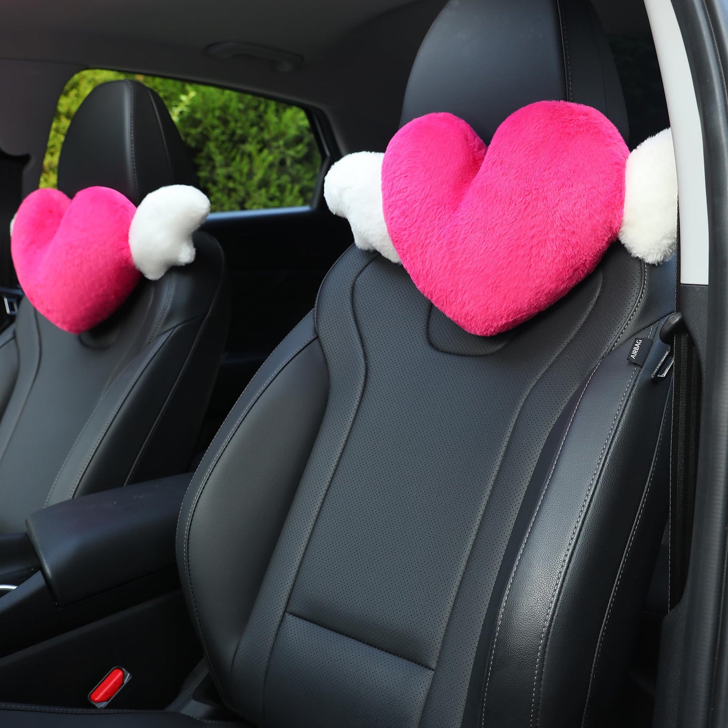 Heart Shaped Cute Car Headrest Pillow with Angel Wings - Comfortable Soft Head Rest Cushion Kawaii