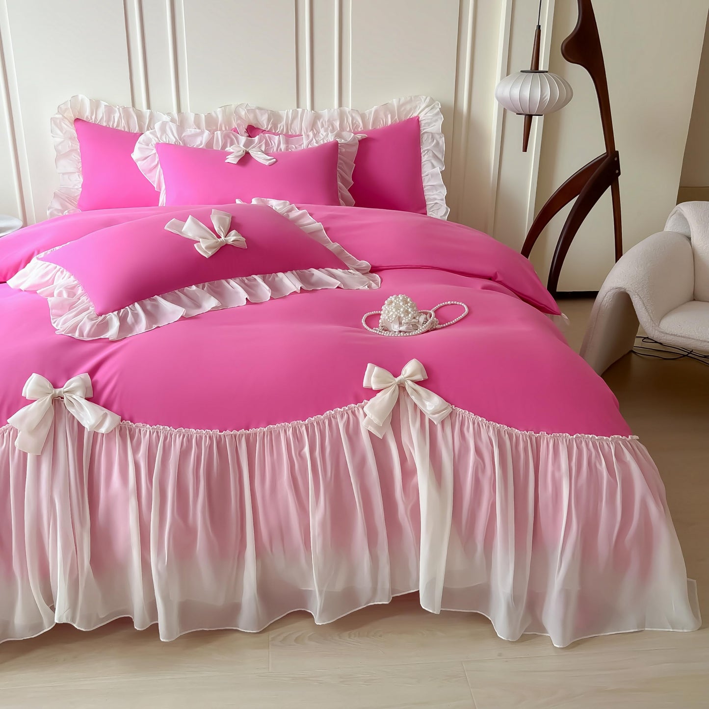 Princess Style Lace Bedding Comforter Cover Set, Chic Ruffled Duvet Cover with Lovely Bow, 1 Duvet Cover with 2 Pillowcases, No Comforter