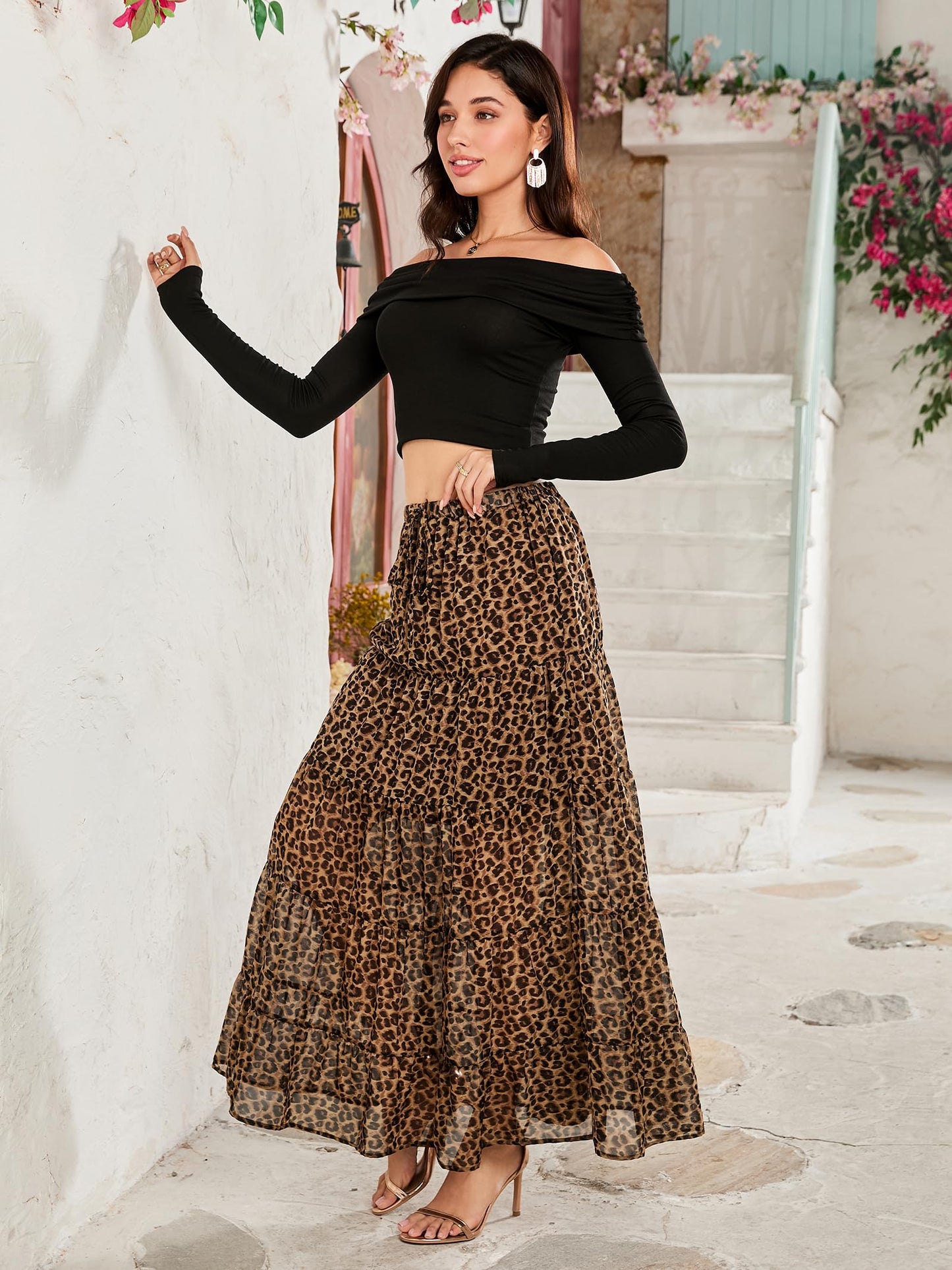 Women's Casual High Elastic Waist Ruffle Boho Pleated A-line Long Maxi Skirt