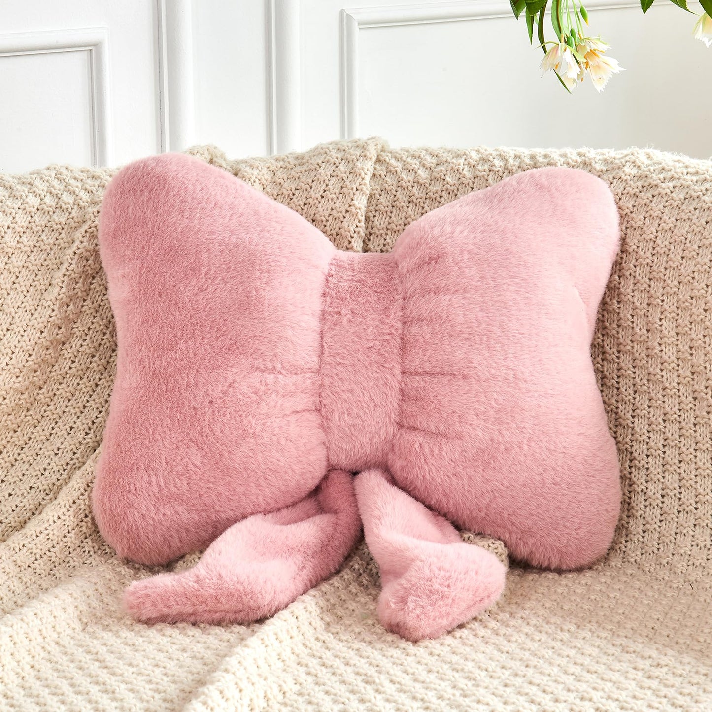 Bow Pillow, Soft Bow Decorative Pillows with Faux Rabbit Fur