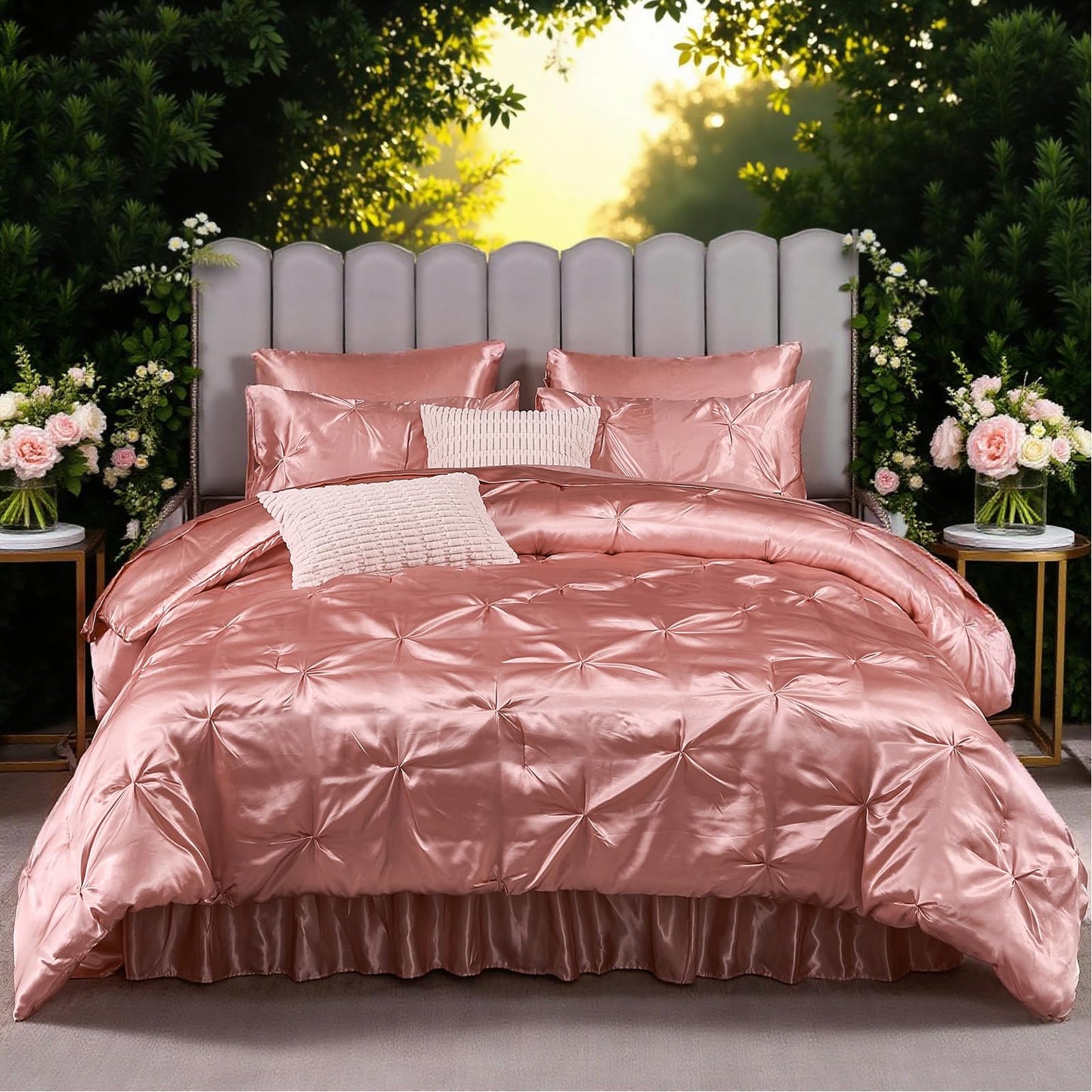 Pinch Pleat Bedding Set - Pin-tuck Luxury Bed Comforter Set 10 Pcs, Soft Silky Down Comforter Bed Set Satin with Sheets