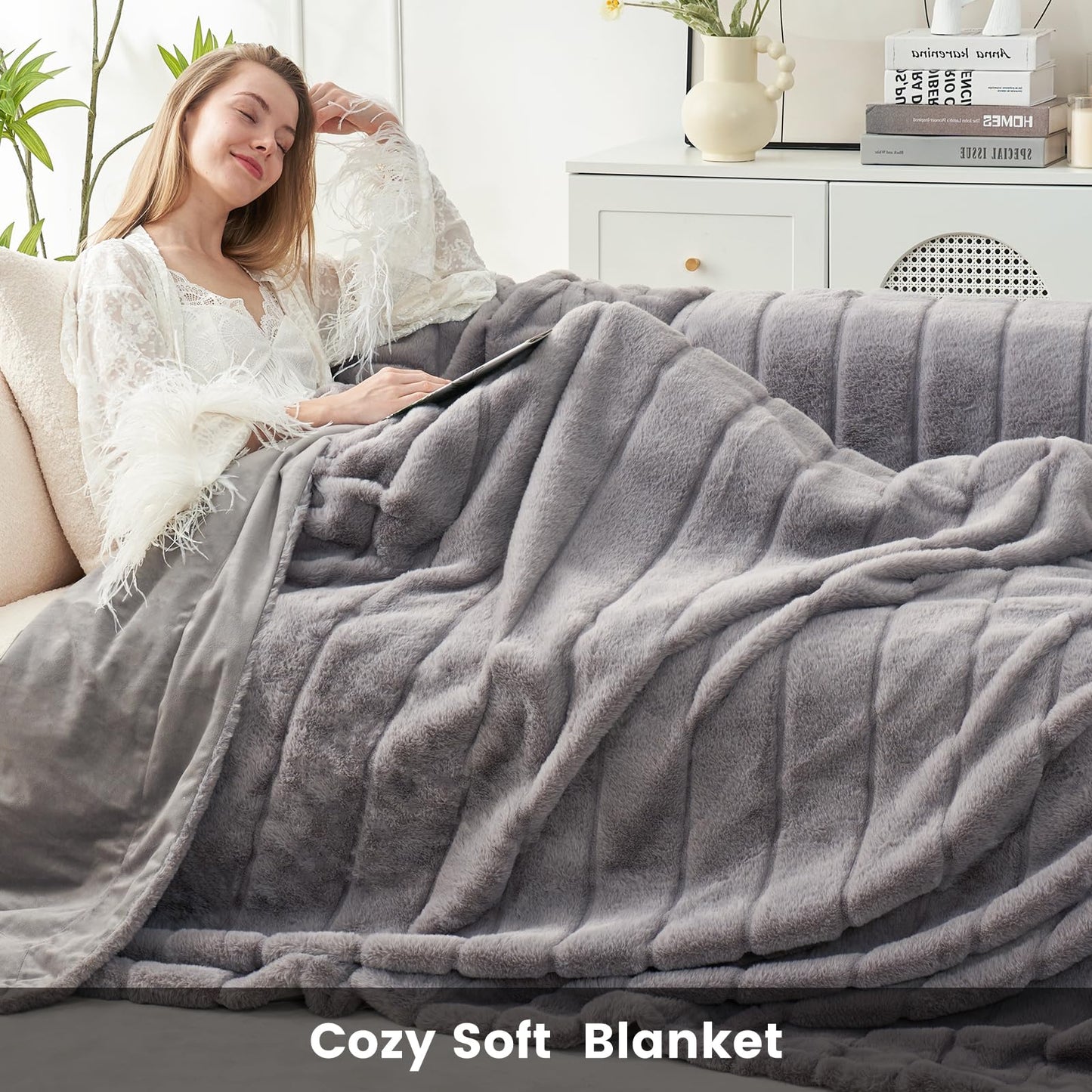 Cozy Bliss Faux Fur Throw Blanket Cozy Warm Plush Striped