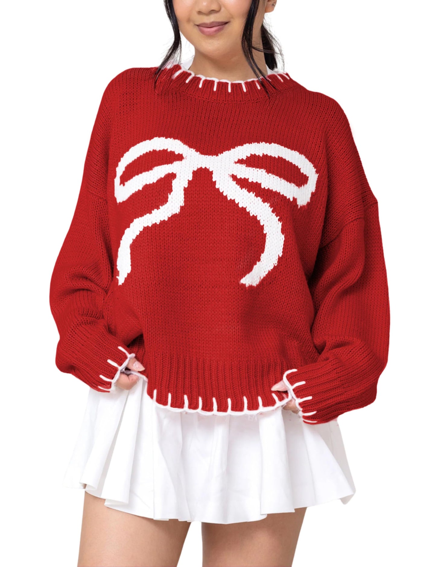 Women Y2K Bow Knit Sweater Crew Neck Long Sleeve Knitted Pullover Oversized Contrast Trim Knitwear