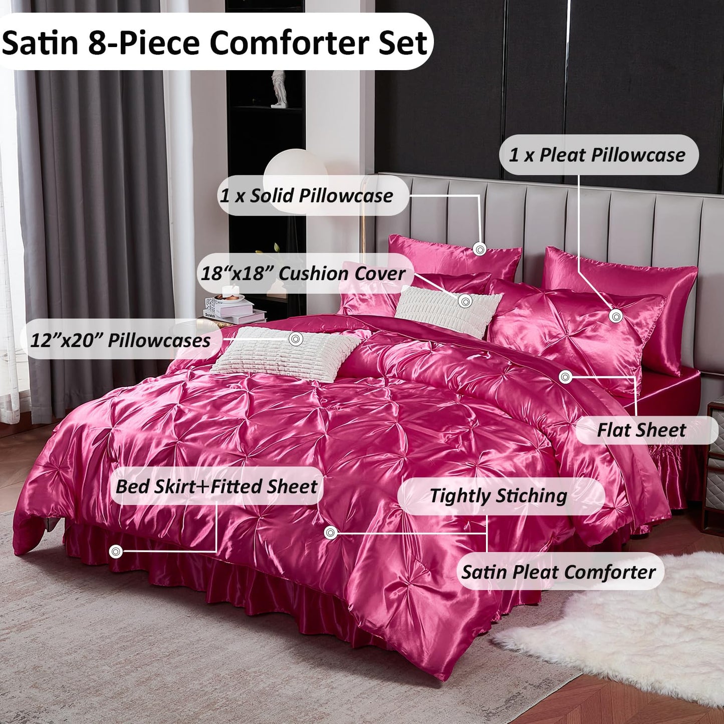 Pinch Pleat Bedding Set - Pin-tuck Luxury Bed Comforter Set 10 Pcs, Soft Silky Down Comforter Bed Set Satin with Sheets