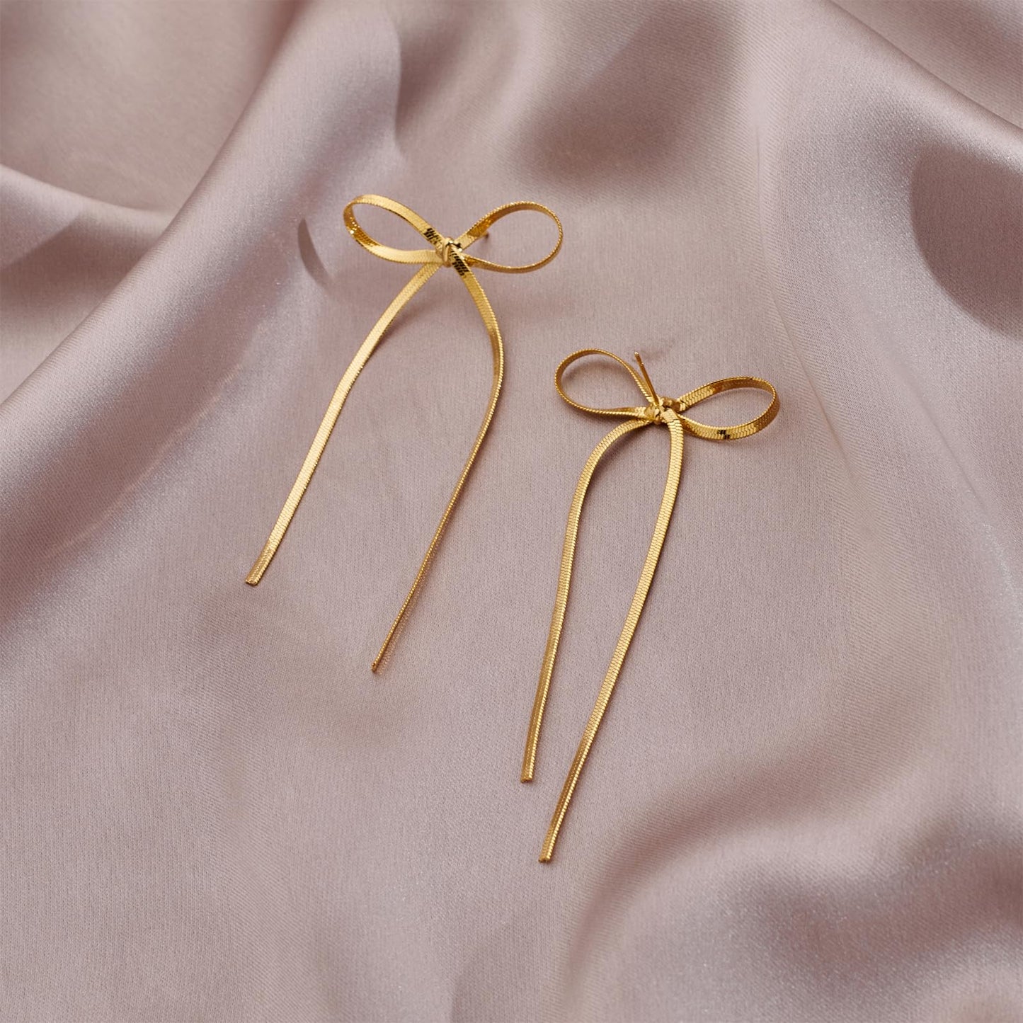 Gold Silver Bow Drop Earrings - Long Tassel Chain Bow Earrings